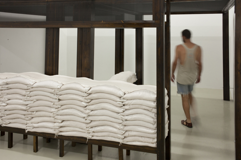 The Contagious Bride, 2012, variable size, wood, stain, screen, sand bags, plaster