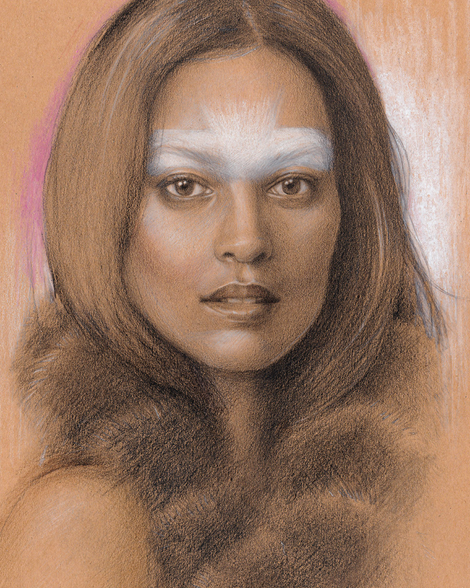 Balenciaga Fall 2007 by Nicolas Ghesquière, 2020Graphite, colored pencil and chalk on paperModel: Liya Kebede