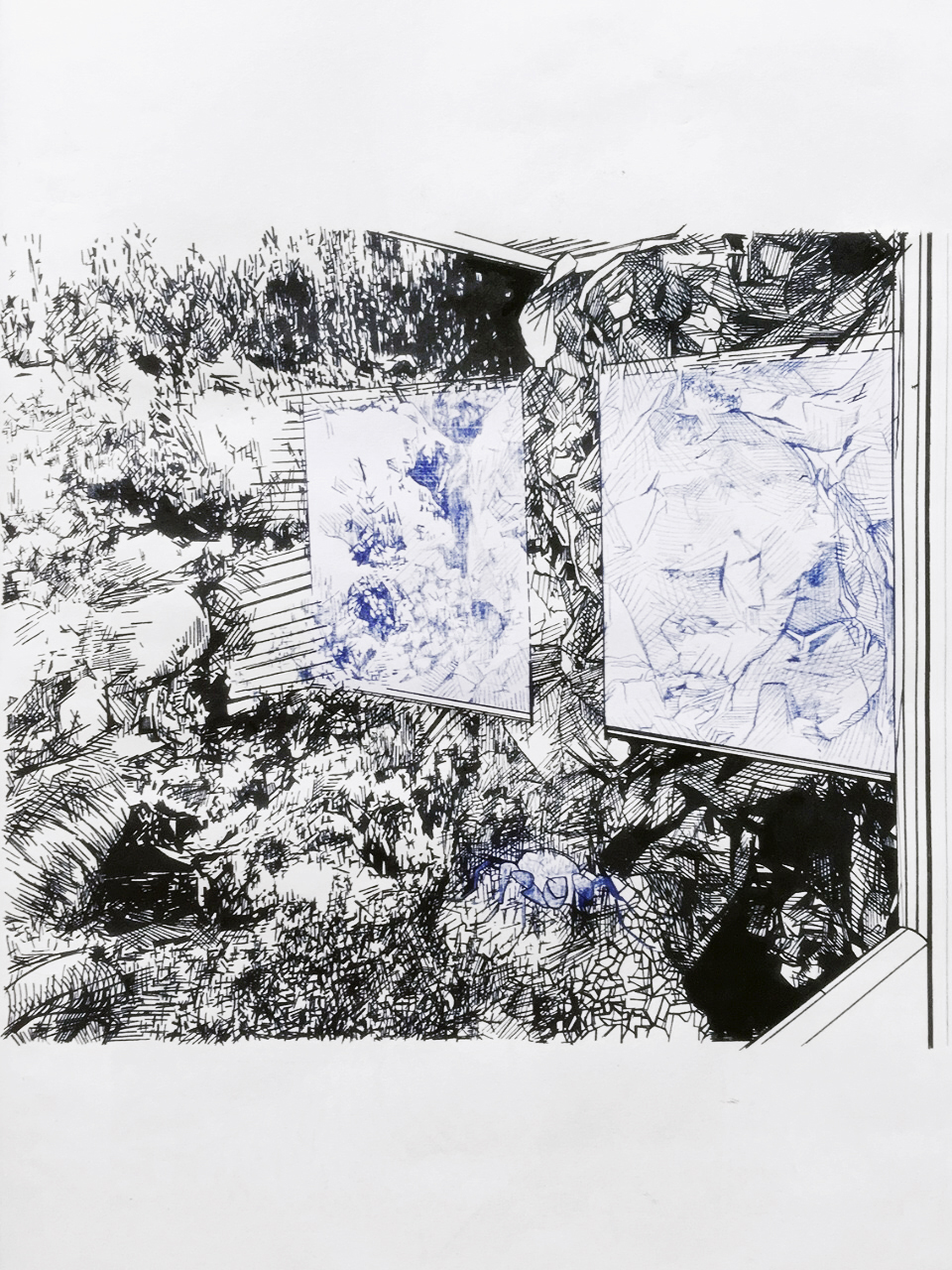 Retrato de una mosca y dos reflejos en el diorama, más las piedras y hierbas falsas que acompañan