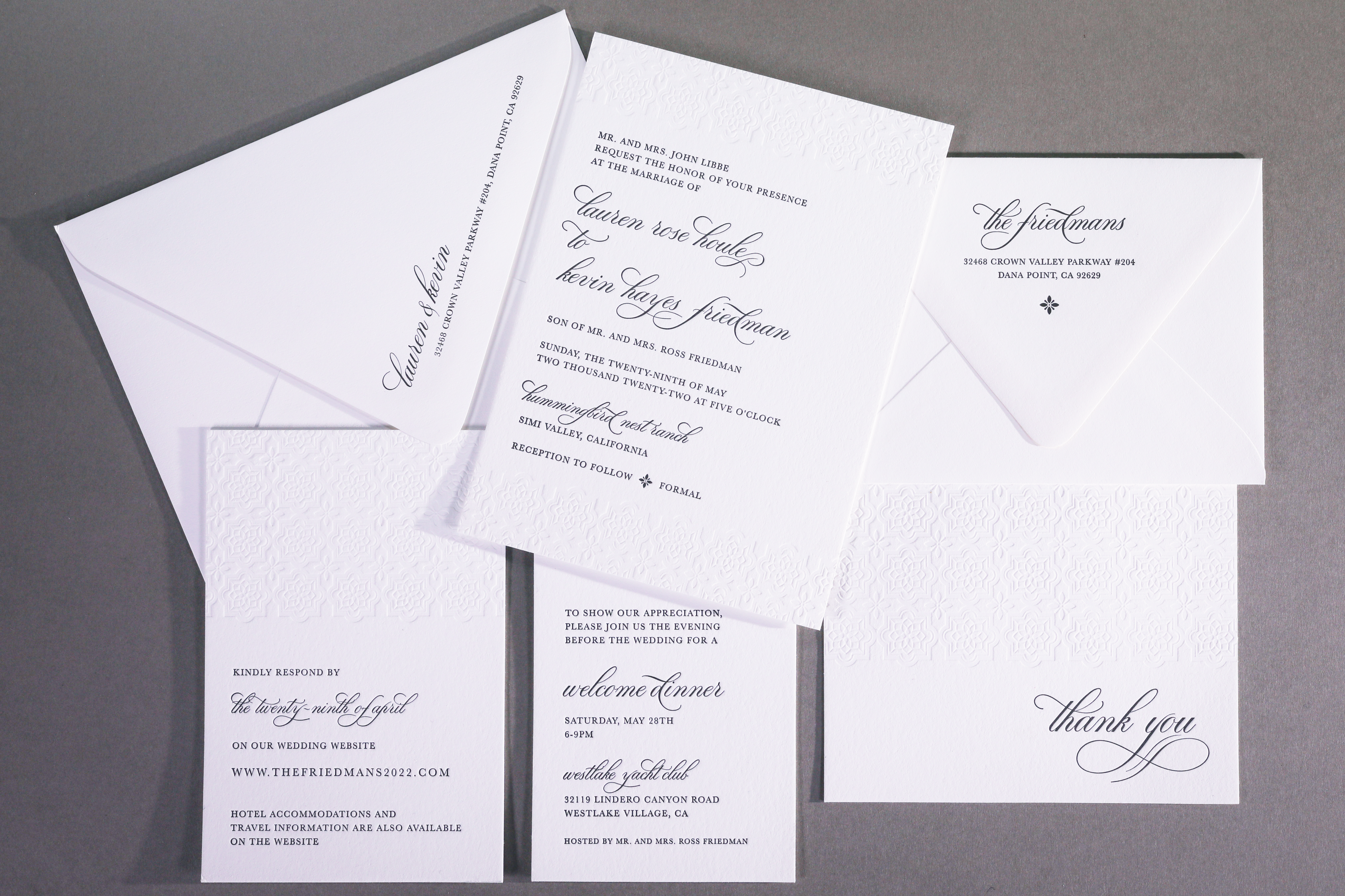 Lauren & Kevin wedding invitation for Orange Blossom Special EventsBlack letterpress and blind impression.Paper and envelopes Lettra in fluorescent white