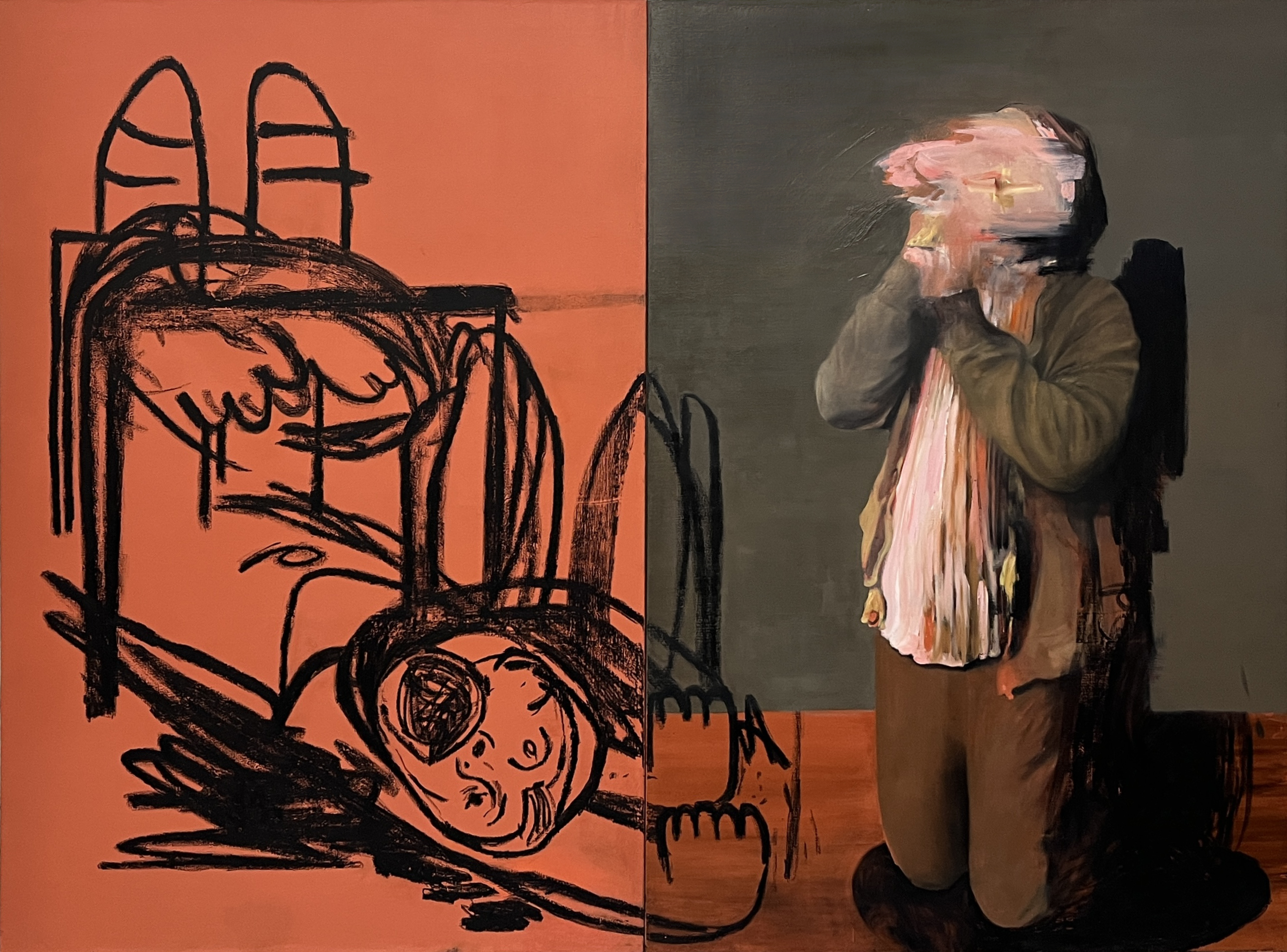 Les mangeurs d'images 2, 2022, huile et bâton d'huile sur toile, 195x260cm