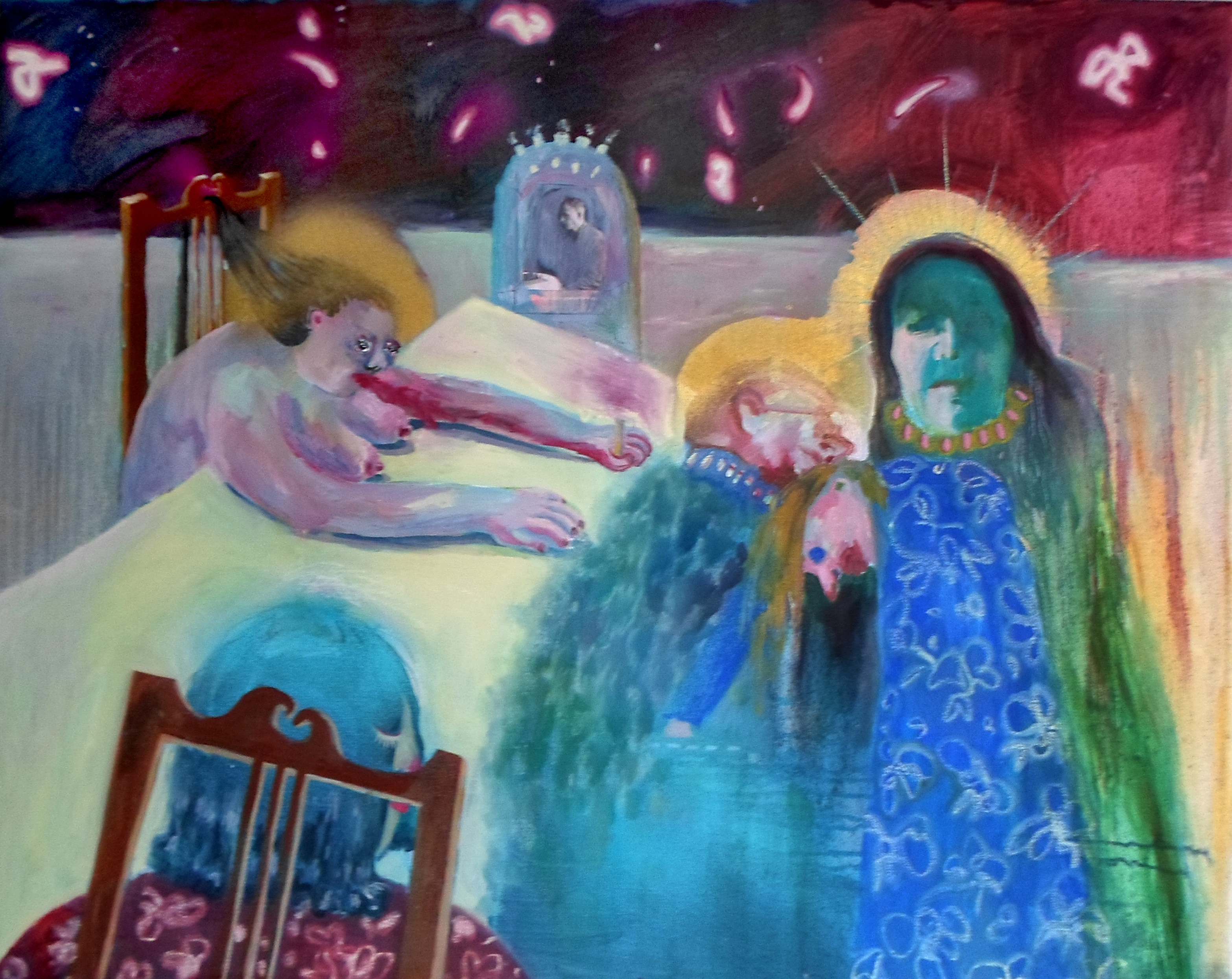 Dinner I, oil, pastel, spraypaint on canvas, 48x52