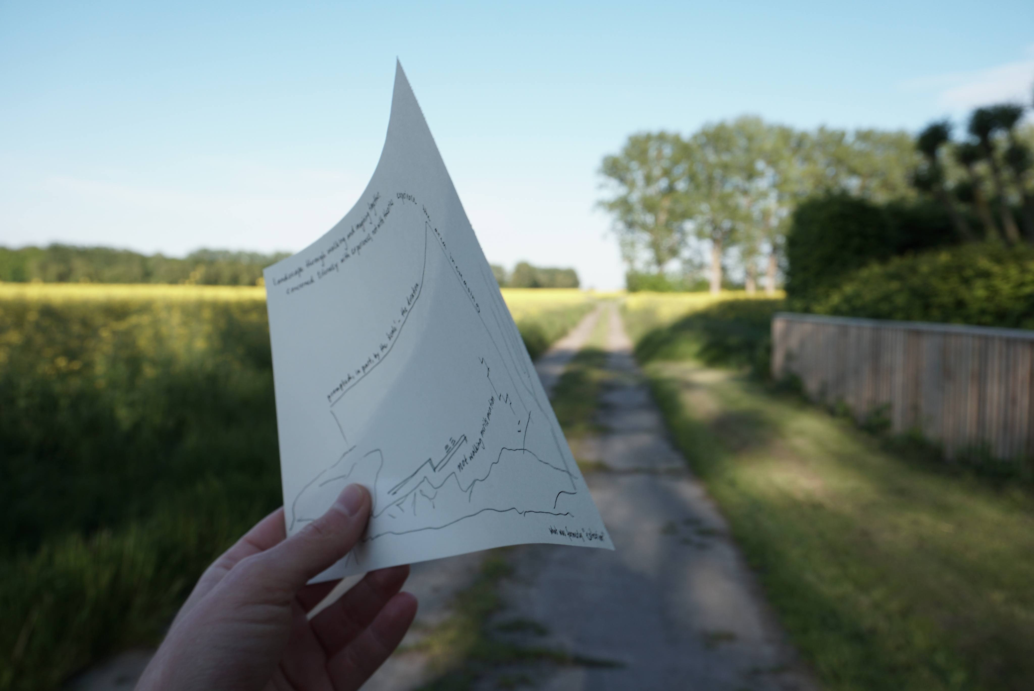 a hand holds a piece of paper with the walking score written on it. In the background is a path, with green grass on either side and trees in the distance. The sky is a bright, clear blue.