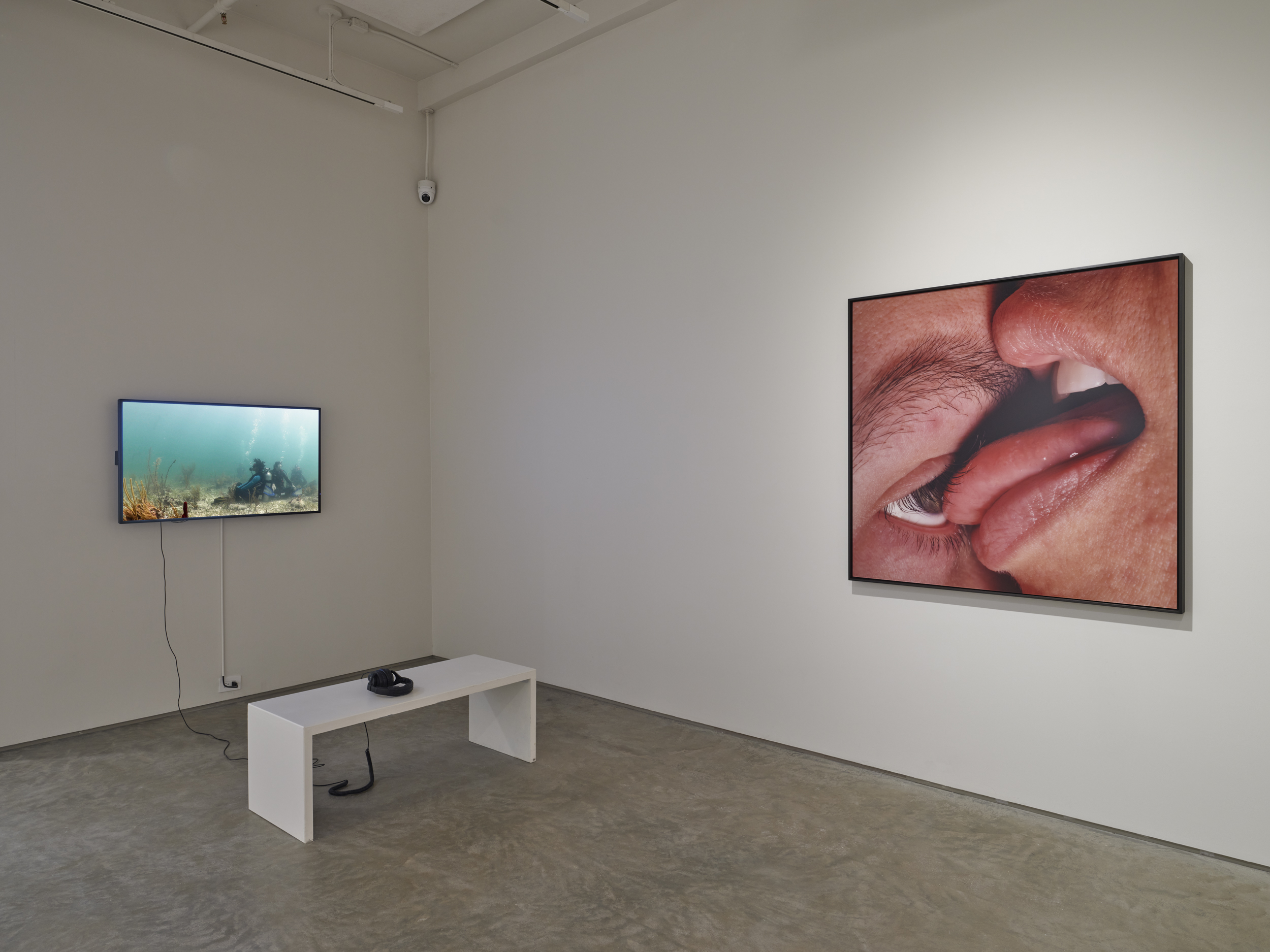 (Left) Meditation Ocean Constellation, Meditation Reels from M.O. Turtlegrass Meadow,2023. Channel two of a three-channel video with five guided meditations, featuring Riane Tyler's "Your Deepest Ocean Meditation,&rdquo;19 min 8 sec, looped. (Right) Janine Antoni, Mortar + Pestle, 1999. Chromogenic print, 48 x 48 inches. Photo by Flaneurshan.studio