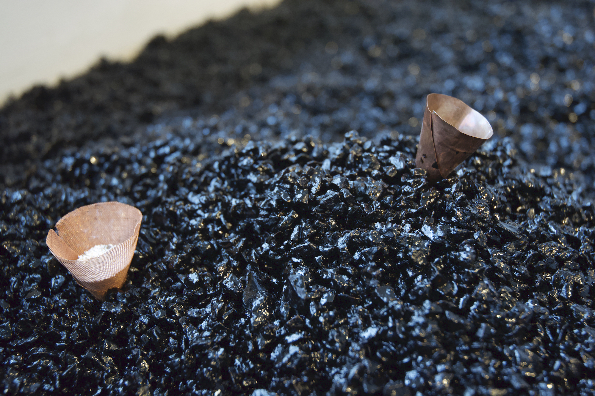 Asphalt, copper cones, animal cremains (Amish horses, Chesterhill, Ohio)