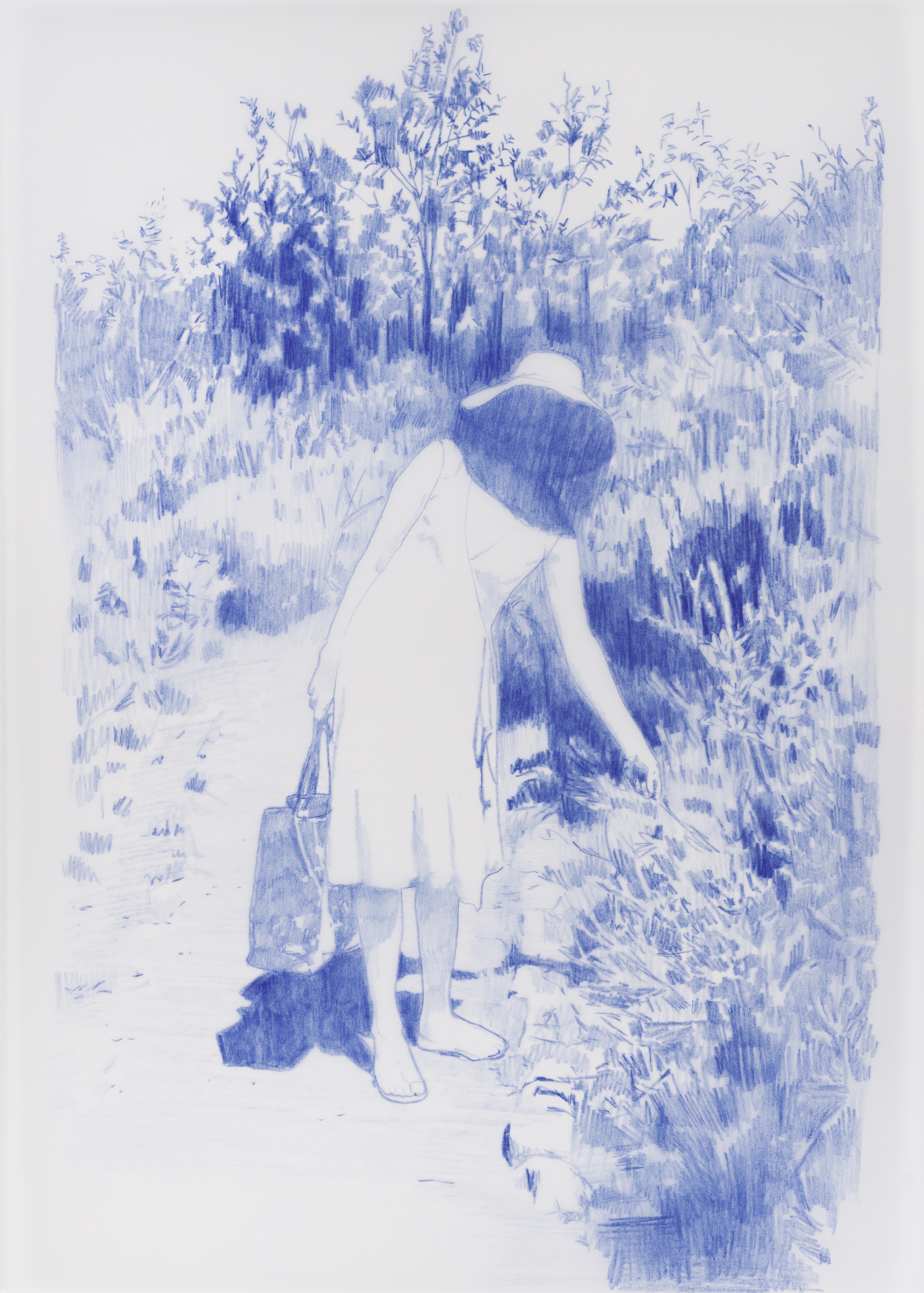 A Figure in Blue, 2020. Crayon on tracing paper, 29,7 x 42cm
