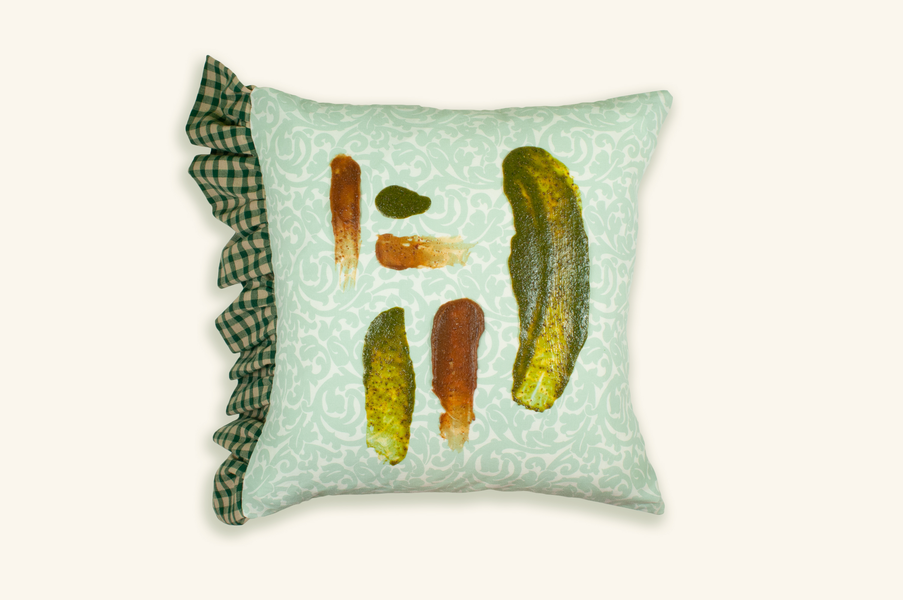 Throw Pillow (Peanut Spinach Abstraction), 2021 — found bedsheets, found fabric, spinach, organic chia seeds, tea tree oil, organic peanut powder, acrylic medium