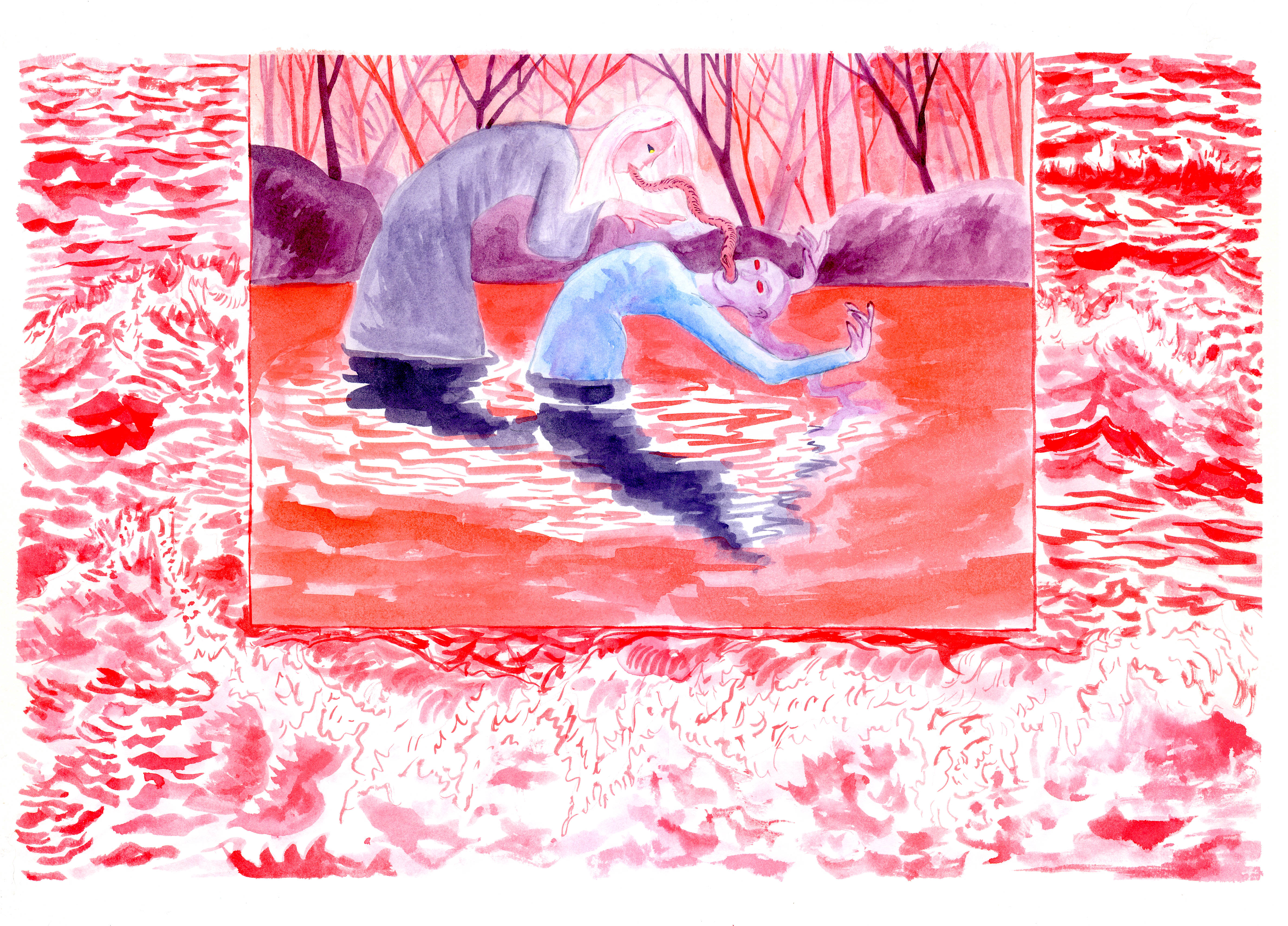 Water dance 3, 29,7 x 42 cm. Encres, aquarelle et crayons de couleurs sur papier. 2022. 