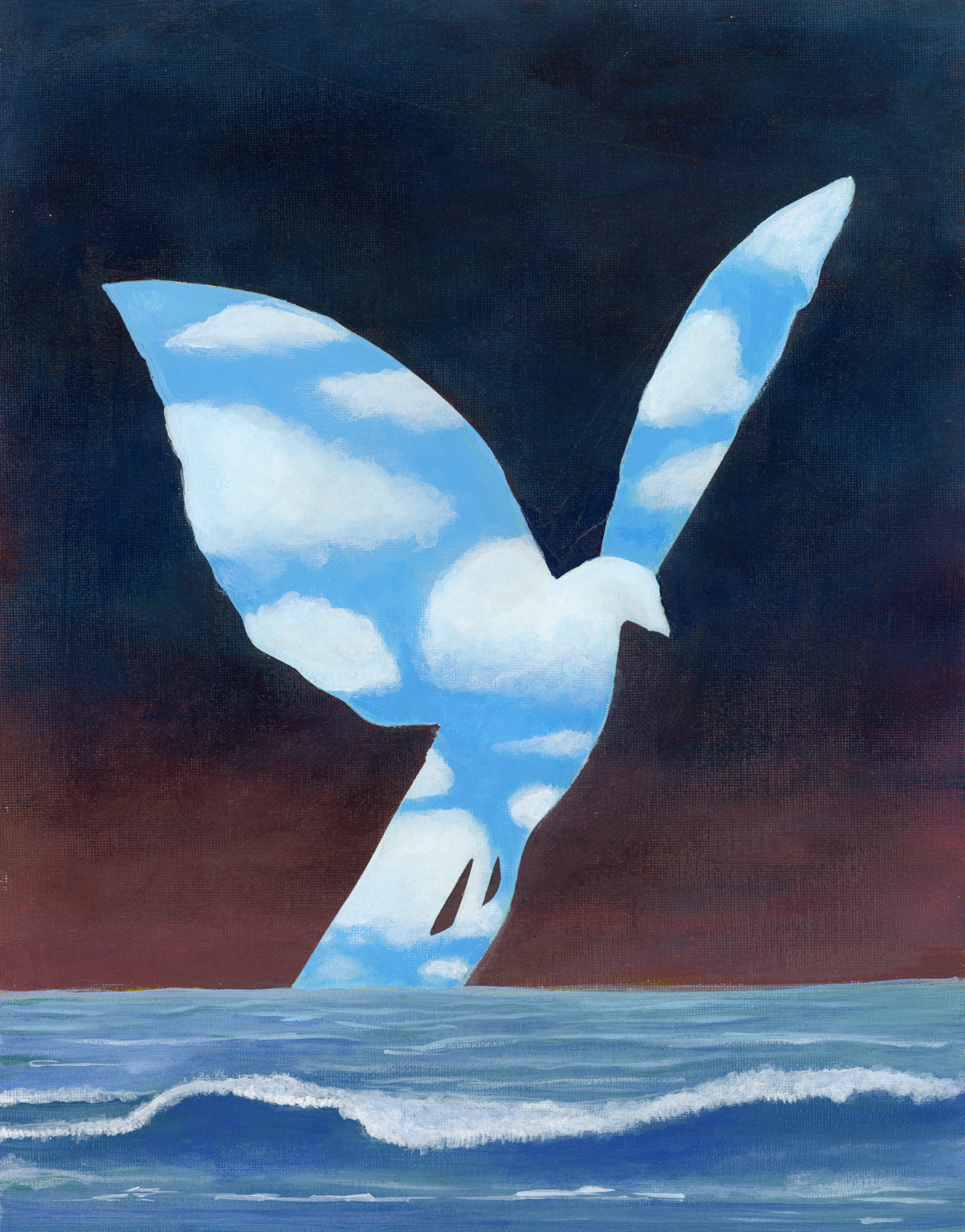 Master Study No. 23. 2022. Acrylic. Canvas on Panel. 11x14” (Rene Magritte. The Great Family. 1963.)