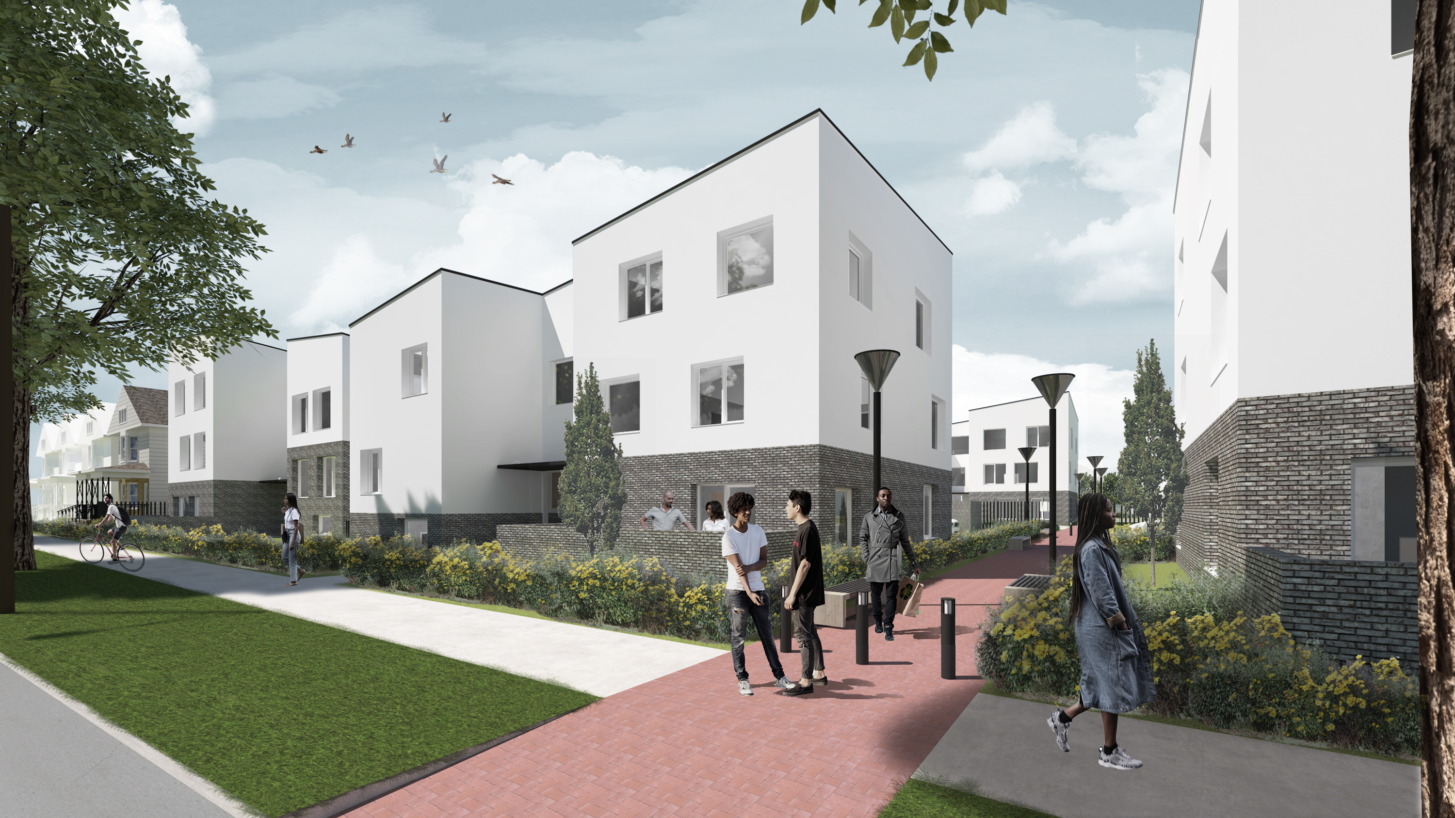 Pedestrian walkway connecting the villas with Butzel Play Field
