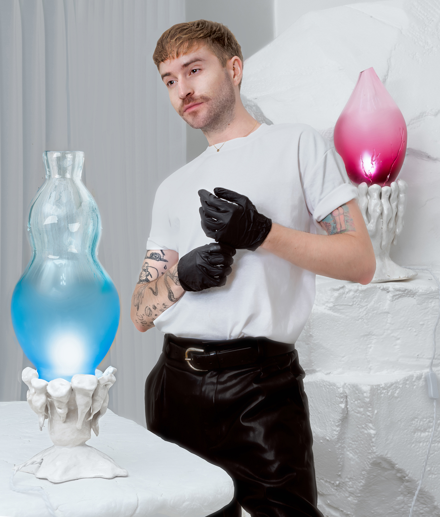 Portrait of Jose Plaja designer standing with the Blue and Pink lamp from Sea Sparkle Collection, Seoul, South Korea