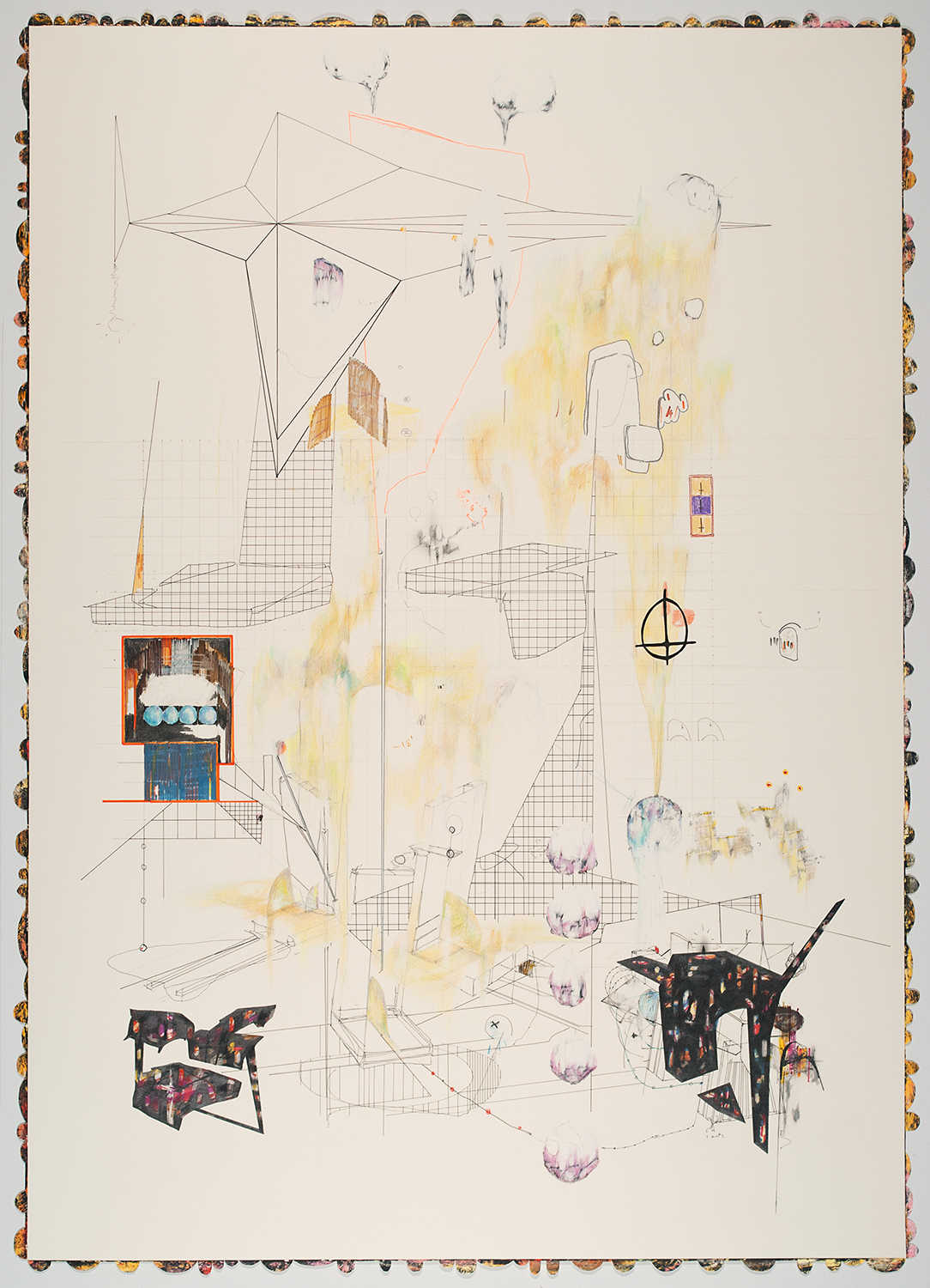 plan l (blonde epistle)  Ink, graphite, colored pencil, gesso and oil pastel on paper. 2016 - 34  x 24 