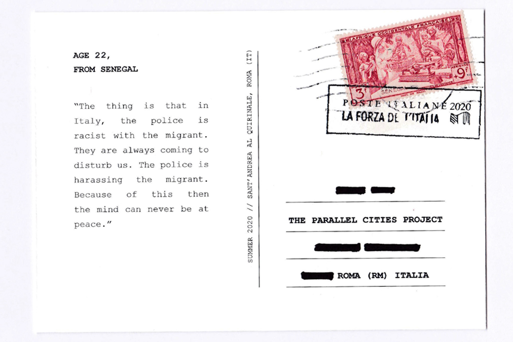 Postcard “At peace,” ed.3. Text by F.S. Age 22, from Senegal (Serer). COLLECTION 01: Rejections// Chapter 01.3 “Over-policing.” Workshop in Rome IT. Stamp 1942, Senegal (franc): produced by the Vichy government for A.O.F. (French West Africa), from the series “Indigenous child protection,” written in French.