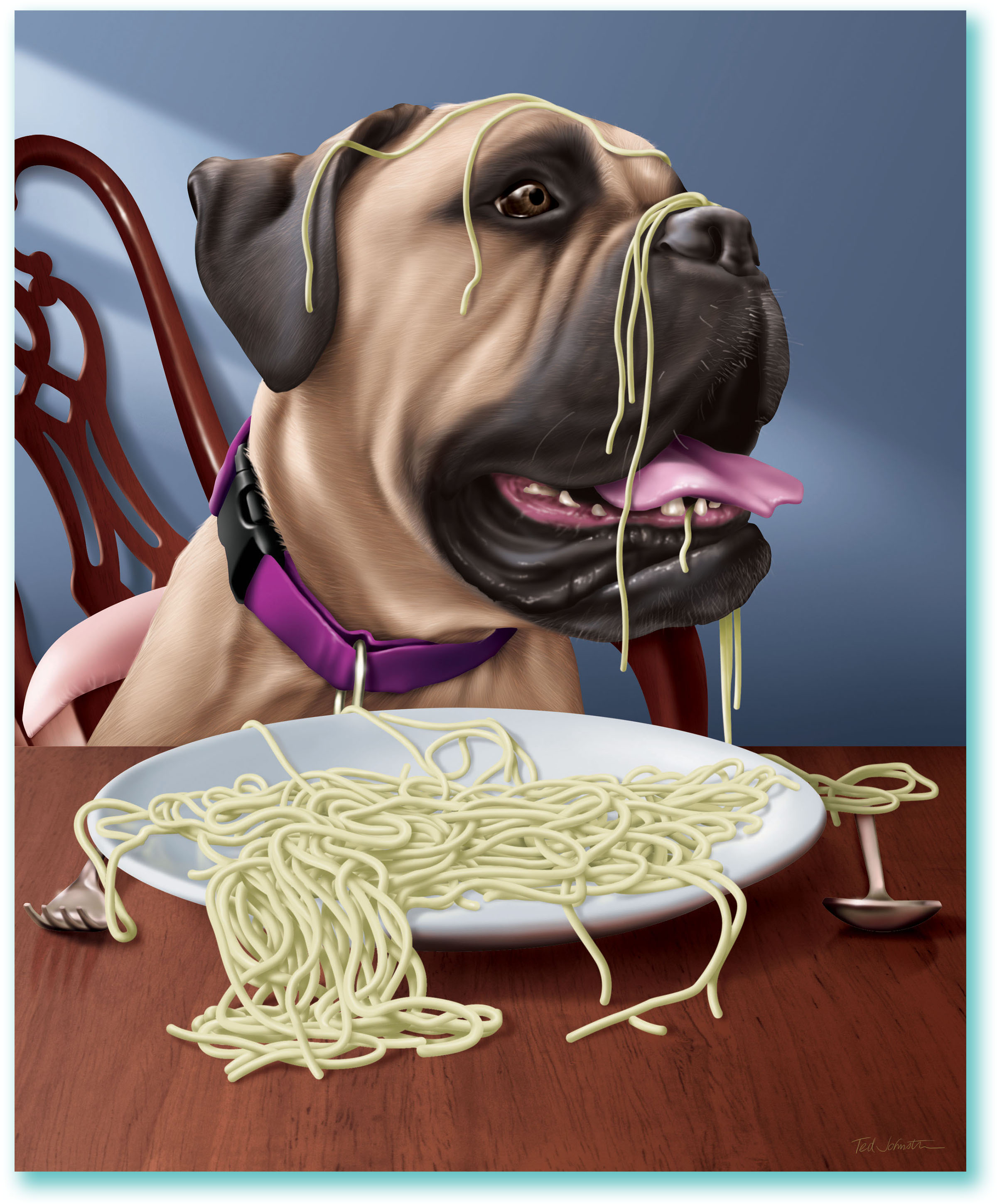 Dog, bullmastiff, bully, Khufu, spaghetti, messy, table, cute, art, Ted, Johnston, Creative, Studios, creative, director, illustration, illustrator, artist, advertising, marketing