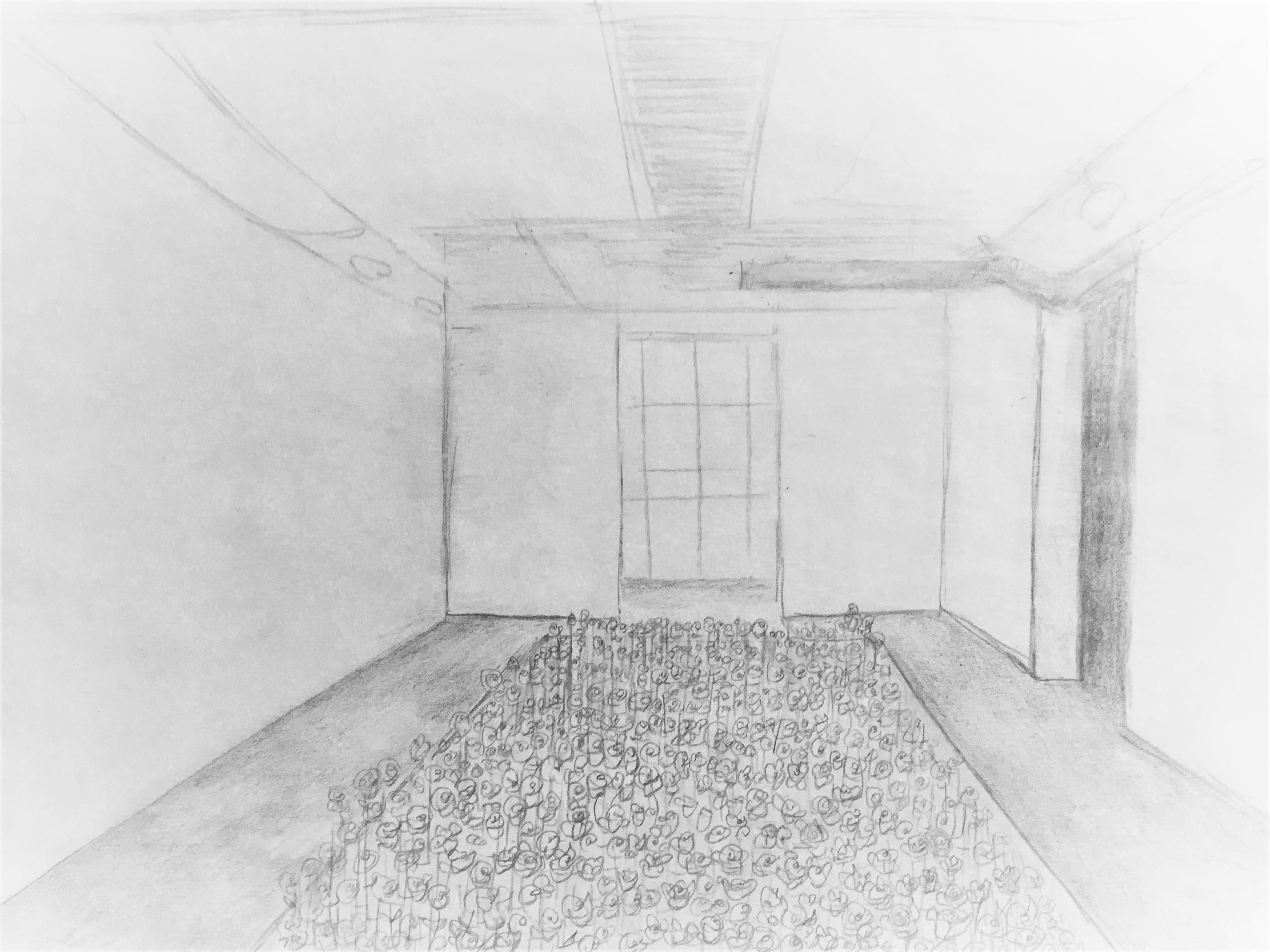 1/3 — BLUE VALENTINE (1,600 ROSES).  Blue Valentine's primary work is an installation of approximately 1,600 live-cut red roses in individual vases. The exact number of roses comes from statistics from the National Violence Policy Center. Their September 15, 2015 report shares that more than 1,600 women are murdered by men in one year in the United States, with 94 percent of women killed by men killed by someone they knew--of the victims who knew their offenders, sixty-two percent were wives or other intimate acquaintances of their killers. Different varieties of roses will reference the varying percentages of these statistics. The project's title Blue Valentine references the 2010 romantic drama of the same name. Proposal installation sketch, 2019.