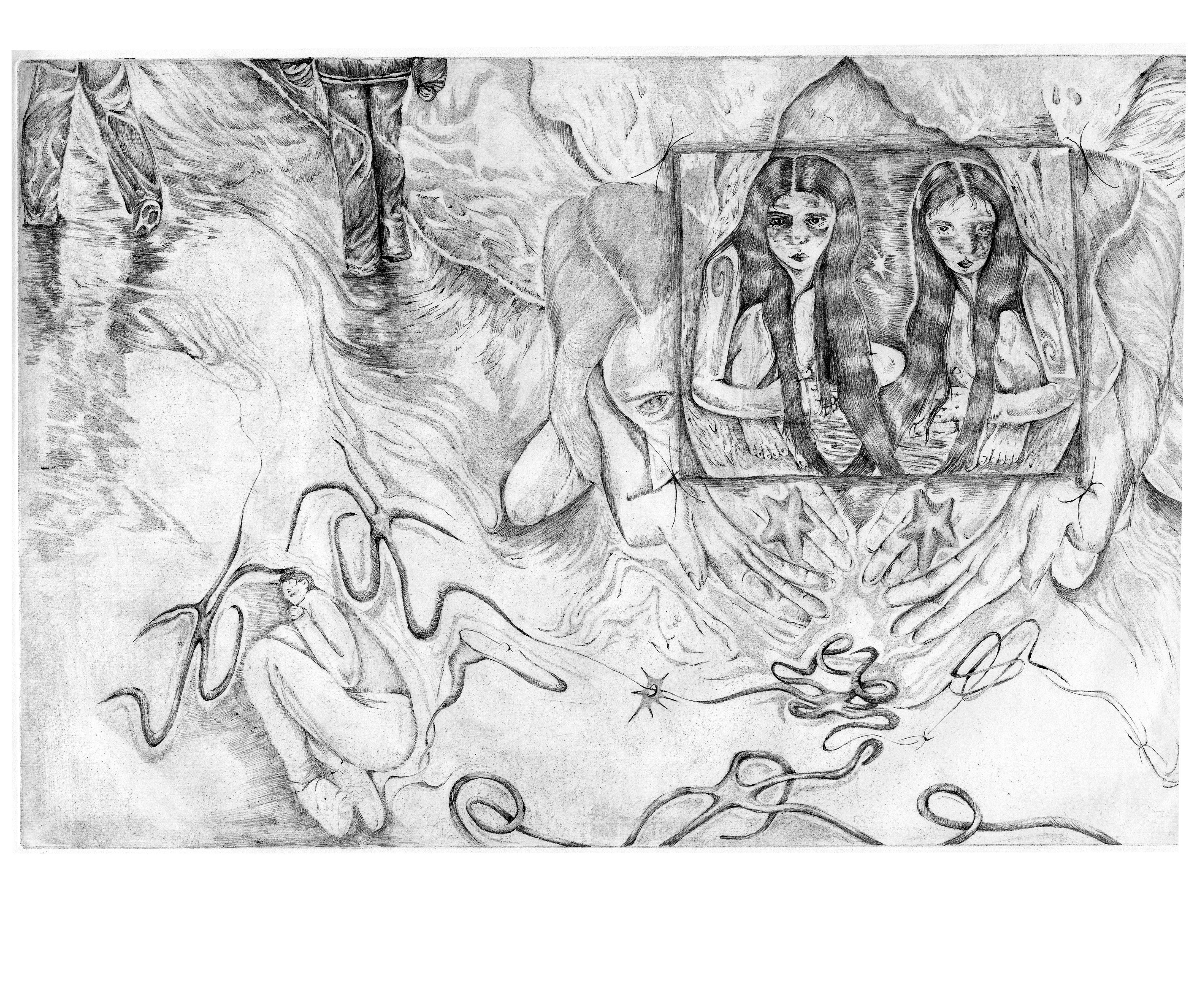 Reflecting Olivia,   soft ground with ball point pen 18x12, 2023