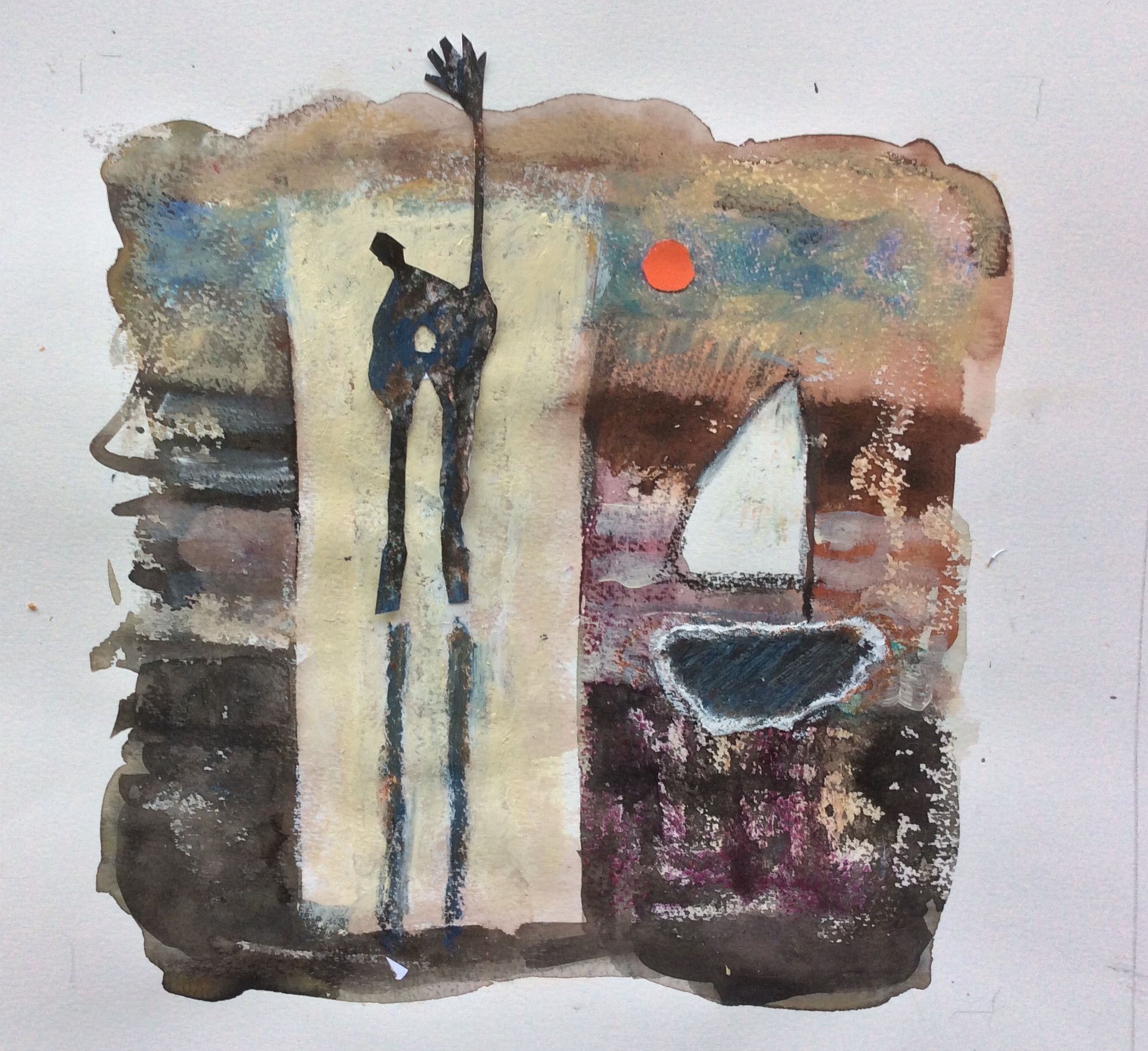 Afscheid van het water Werk op papier, 2018 40 x 40 cm  Gebruikte technieken: gekleurde tekeninkt, goacheverf. Dit werk is verkocht.