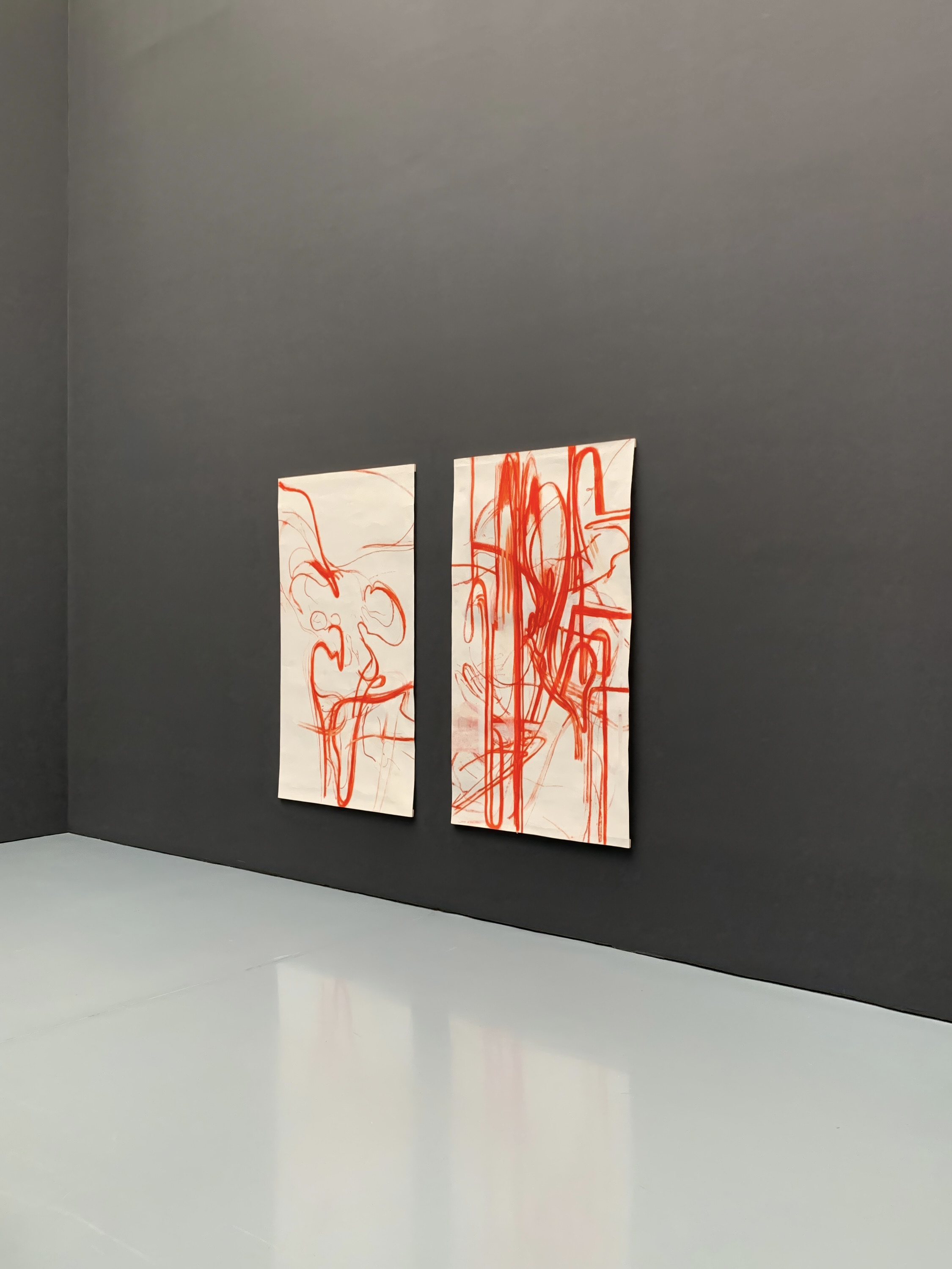 “Untitled Movement II B” and “Untitled Movement V”, oilstick and acrylic on paper, each 200 x 114 cm, on view during the show: Die Grosse 2023 at Museum Kunstpalast, Düsseldorf, 2023, Photo: Mena Moskopf