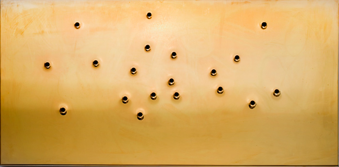  La Fanciulla, 2013, gold-plated mirror-polished stainless steel with gunshot, 46x23in