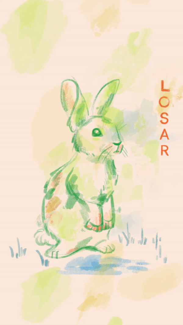 A watercolor rabbit twitching its ear with vertical text that reads "LOSAR"