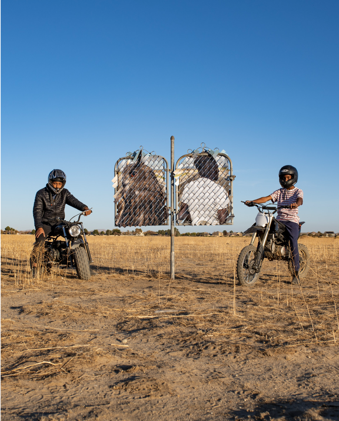 Desert Totem, 2021 salvaged steel and aluminum gates, chain link mesh, and UV print on synthetic resin 68 × 46 × 3 in | 172.7 x 116.8 x 7.6 cm