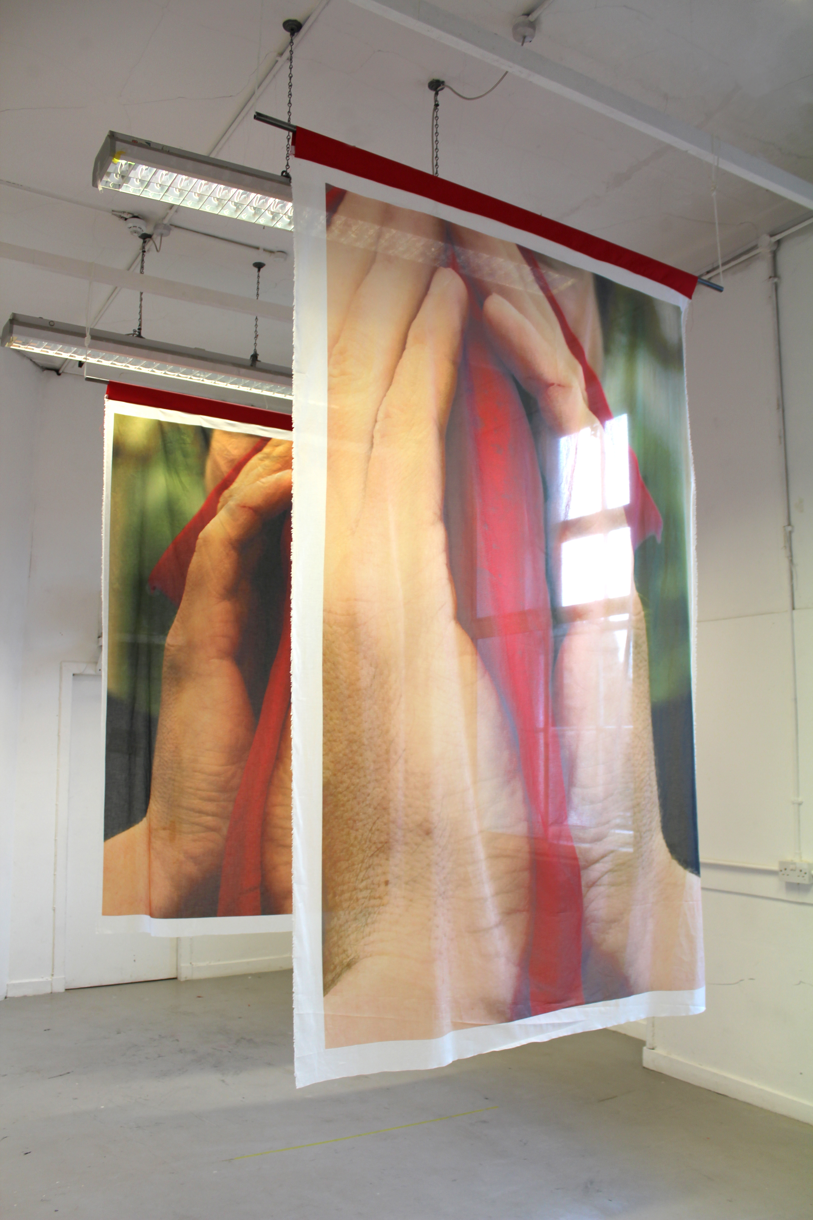 Steel, timber, cotton voile, digital textile print, heavy duty acrylic cotton, nylon rope, desktop fan, timer