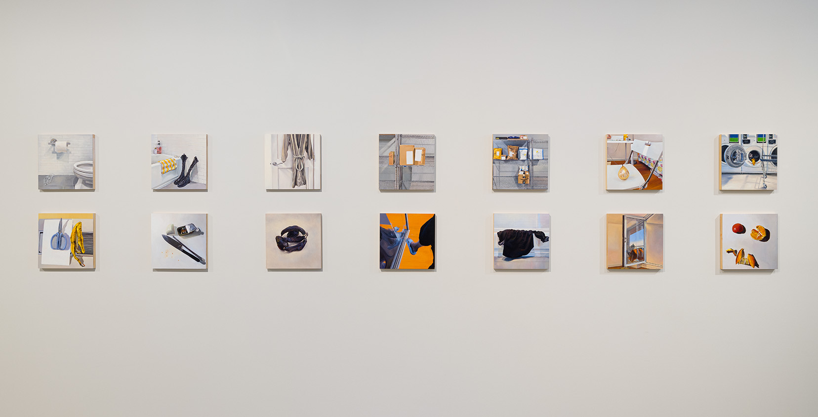 Installation view of 14 oil on panel paintings by Shuyang Zhou, 12 x 12 inches each. Image by Etienne Frossard.