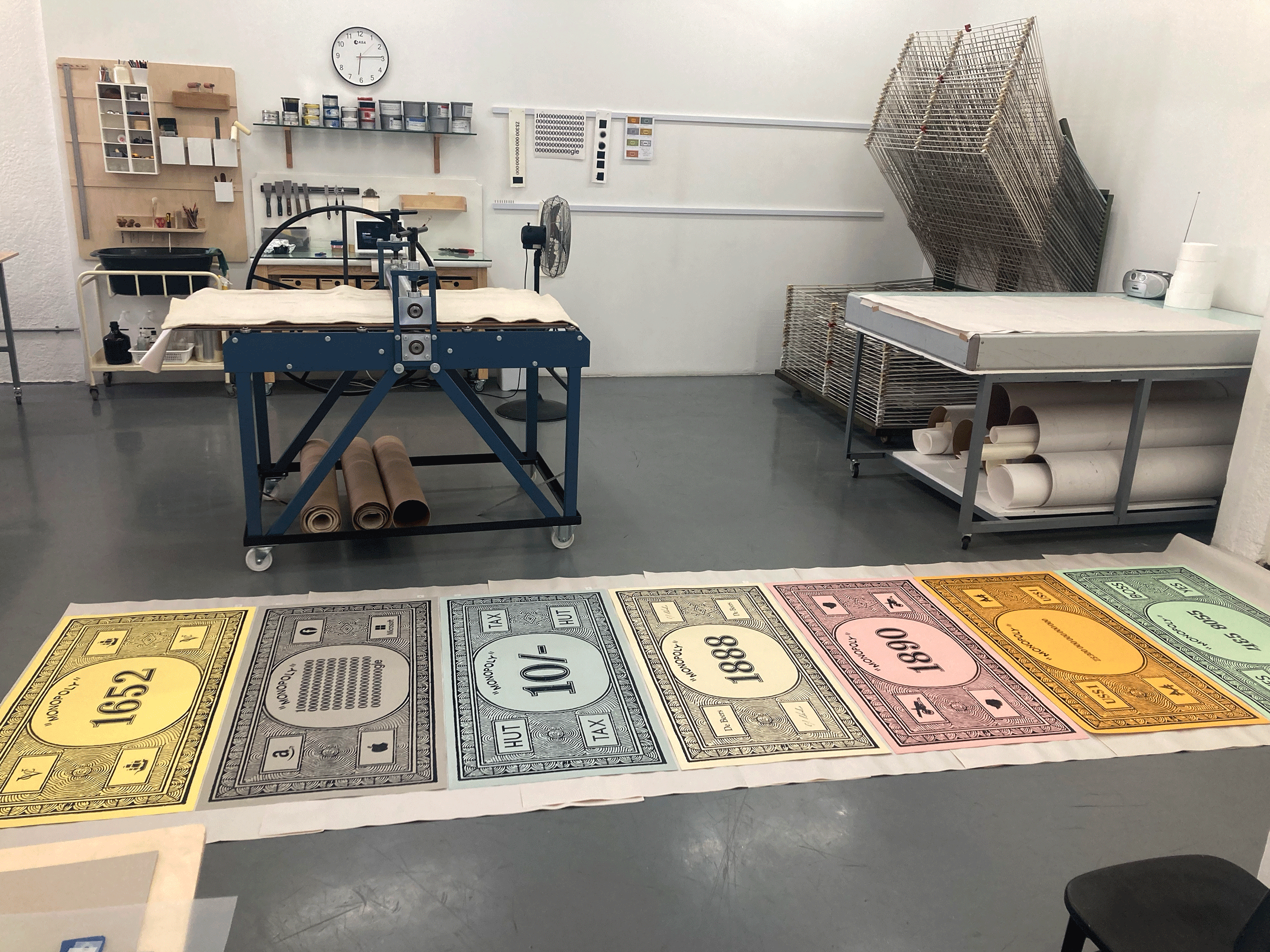 All seven prints in the series with studio for scale