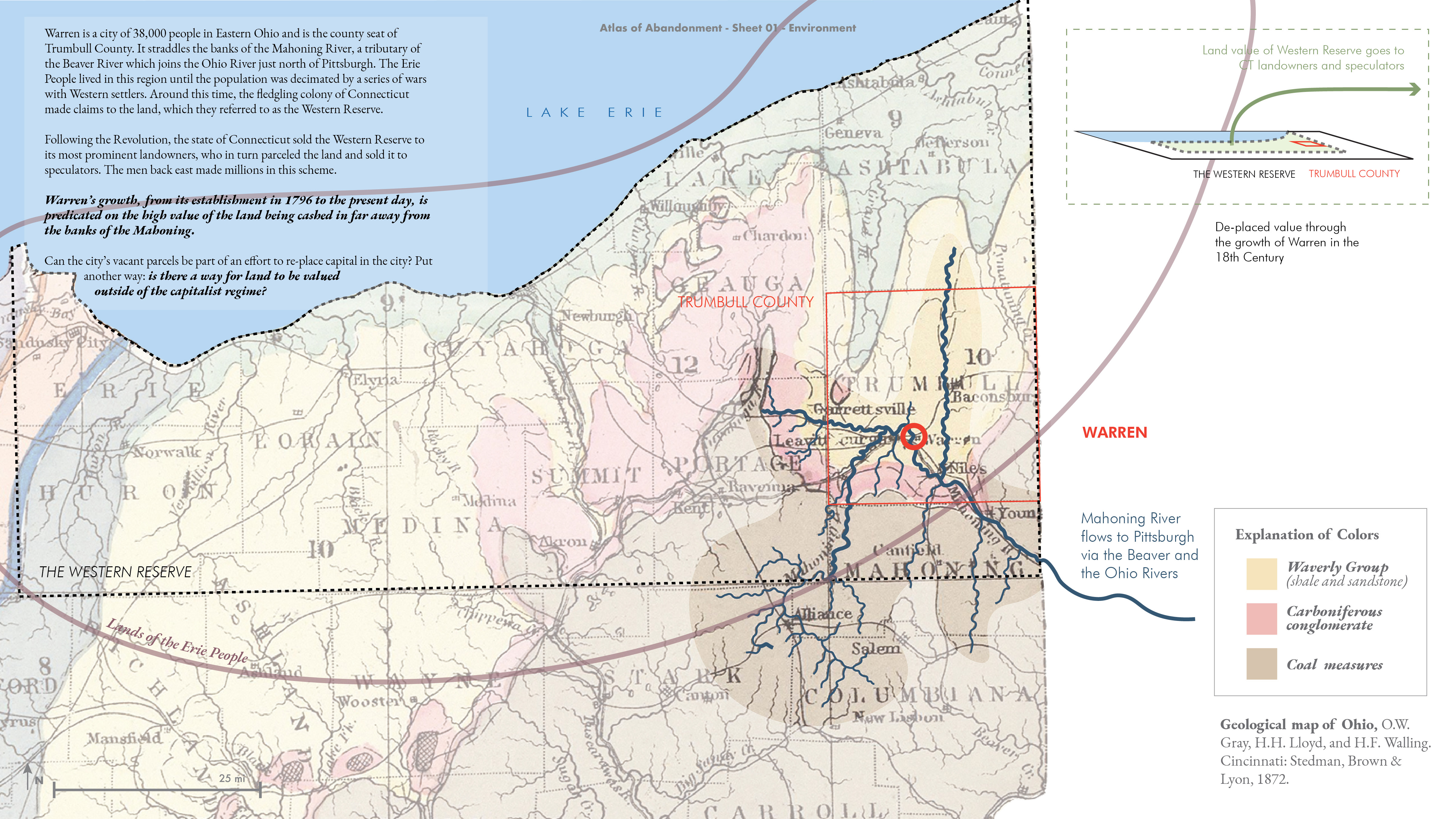 The work was grounded in a series of atlas sheets. The first of four explores the larger regional context of Warren, and establishes themes of extraction and value. Throughout Warren’s history, value of land was extracted and transferred somewhere else. Extraction of any kind has consequences. By celebrating land’s non-monetary, non-transferable value, by caring for it as an important resource in its own right, will we start to value the land differently?
