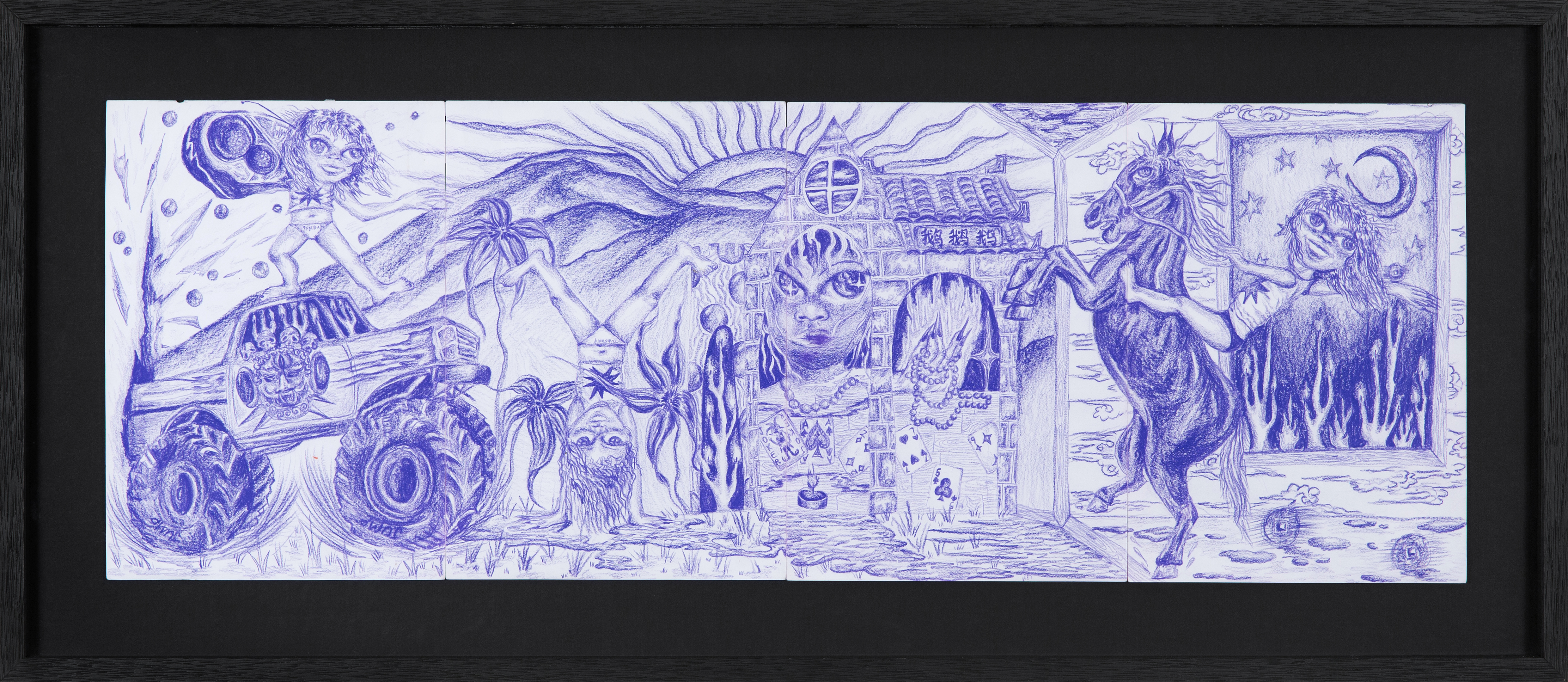 somewhere i've been dreaming of (2022), coloured pencil on paper, 42 x 96.5 cm (framed). Photography David Paterson