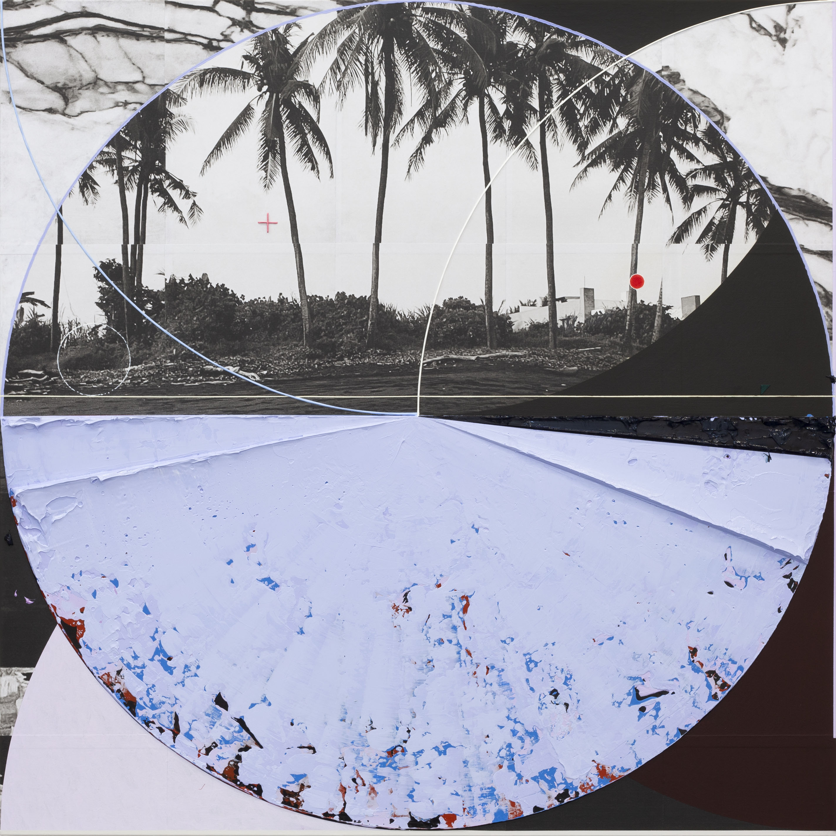 Black Sand and Gentle Waves, 2024, acrylic and photo-collage on canvas, 91 x 91cm