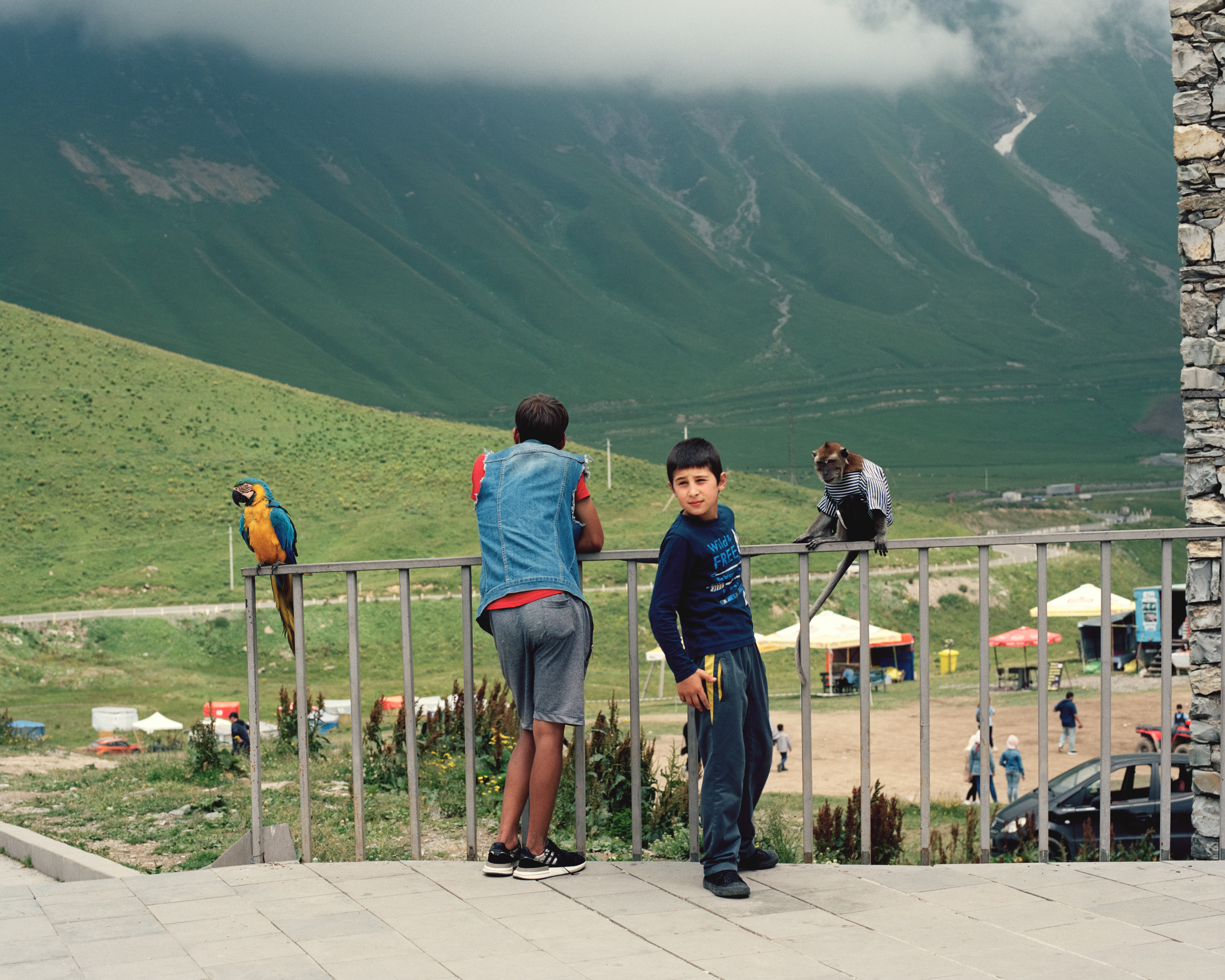 Tourist entertainers at the Treaty of Georgievsk Monument. Caucasus Mountains, Georgia