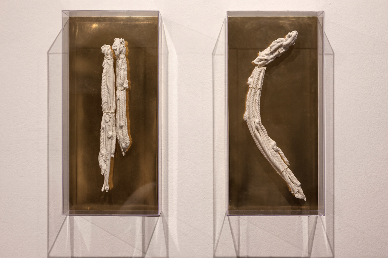 Rocío Guerrero MarínAtado I y Atado II, 2018Porcelain on bronze-veneered wood in acrylic frame60 x 35 x 15 cm c/uPhoto © Sebastián Mejia