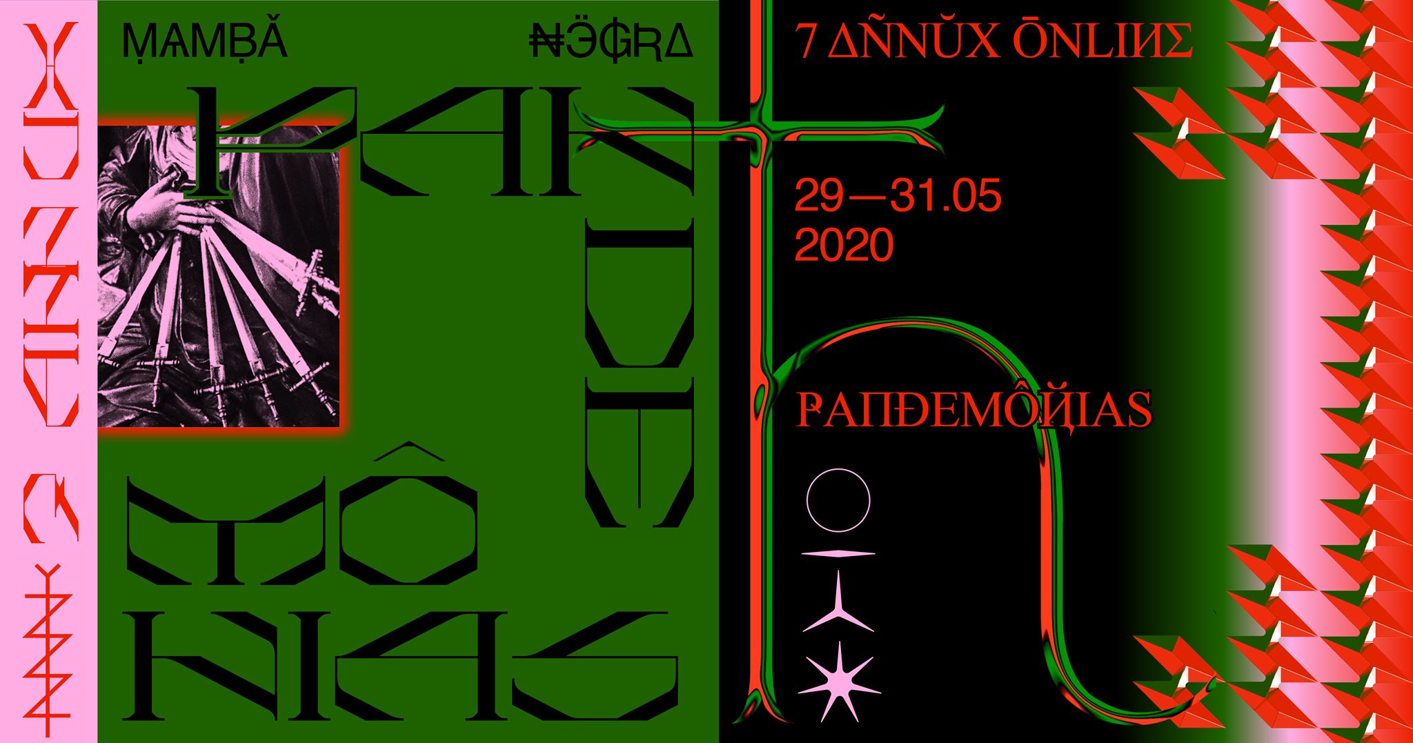 [image description]: illustration of 7 Annux Online Festival, the seventh anniversary of Mamba Negra. It is a digital collage with a torso stabbed by several swords and metallic/graphic objects in pink, read, green and black colours.