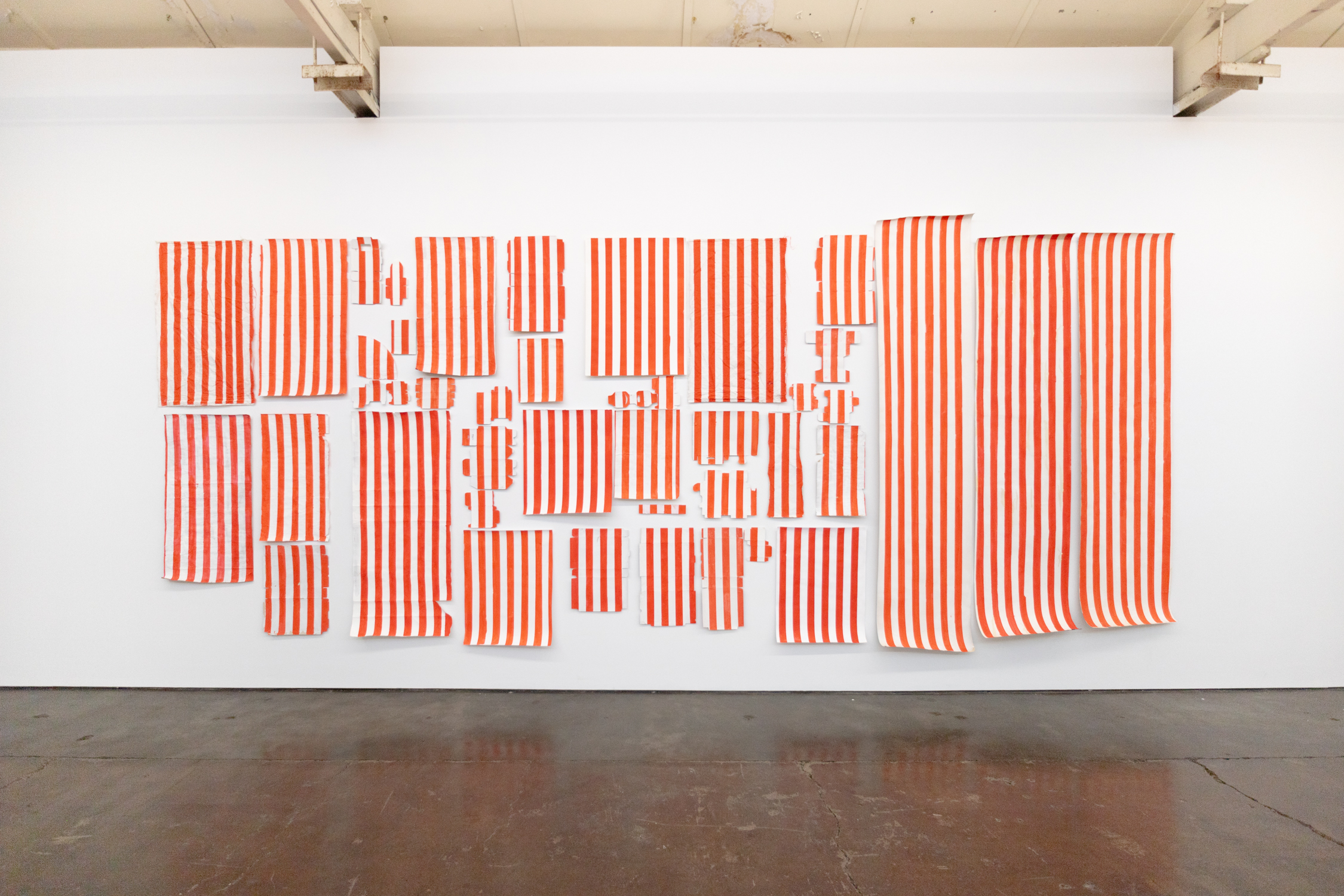 Rayures de ma grippe, 2024-25, Acrylic, gesso, pencil, masking tape and pastel on collected papers (wallpaper, cartons, rag, cartridge and butchers paper) and woven polypropylene sacks, Dimensions vary