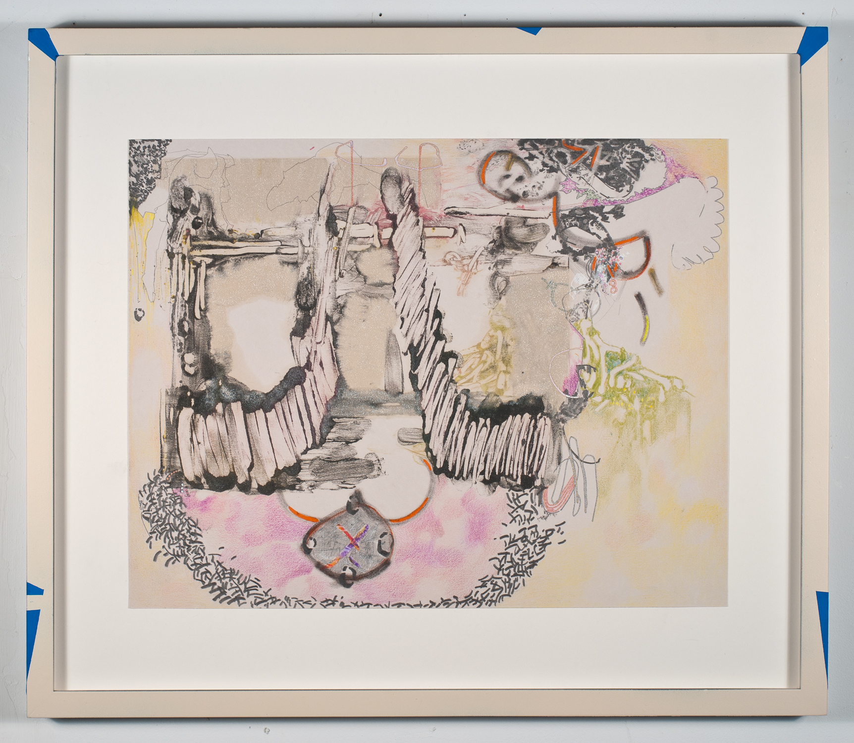 elish blank cart (when we fall)  Monotype, ink, graphite, colored pencil and mica powder on paper 2019 - 16 x 19 - artist frame