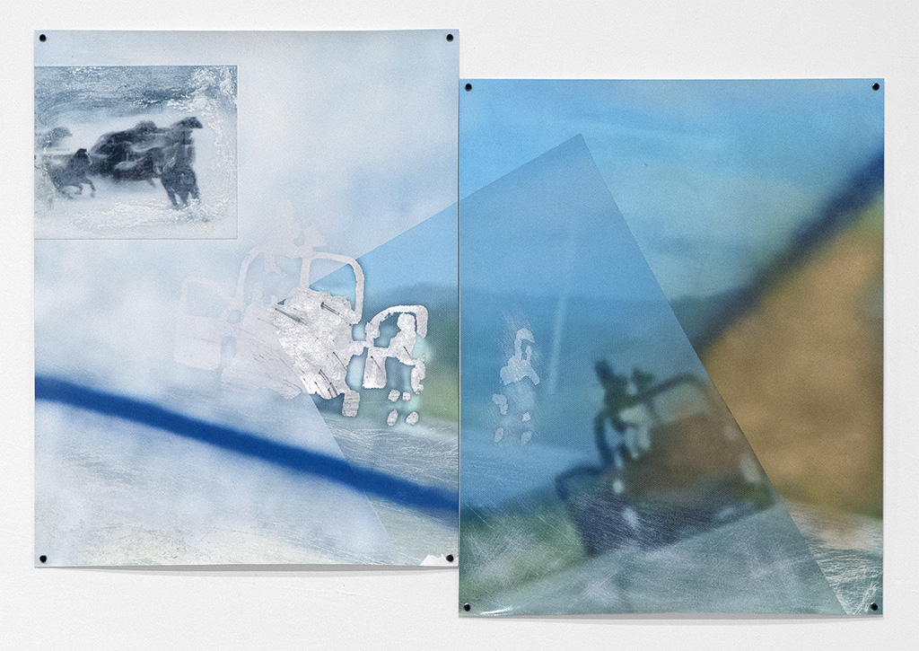 Protective Order (Broncos II), 2022Pigment print, silver leaf, UV print on perforated vinyl, spray paint, found lenticular print, bleach, abrasion and grommets on paper 2 sheets: 30 x 23-1/2 inches (each)32-5/8 x 47 inches (overall)