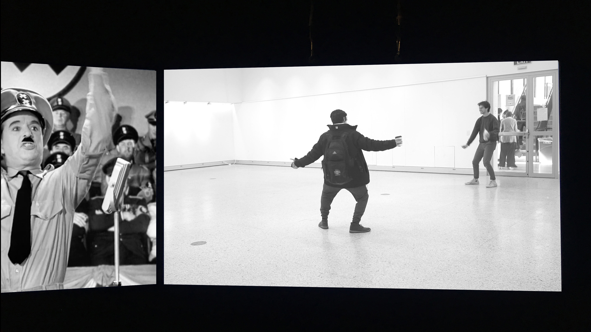 The Great Dictator, film installation, 2min 31sec, 15 1/2 x 19 1/4 x 1 1/2 " each, 2 channel videos, stereo audios in Des Lee Gallery, St. Louis, USA, 2019