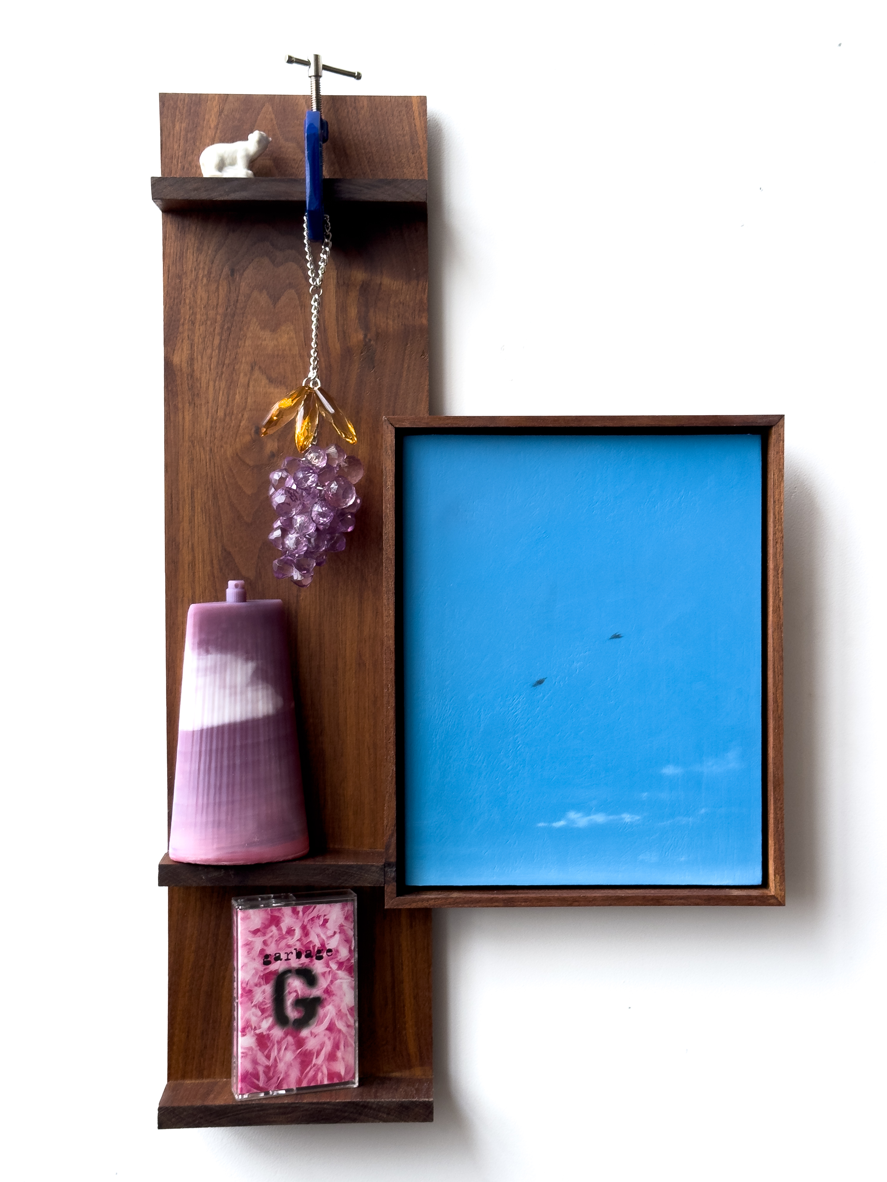 Details Grow Dim, and All Picturesqueness Fades, 2023, 20” x 12” x 2”. Oil on panel, wood, danish oil, ceramic, clamp, steel, acrylic plastic, Garbage cassette, 3D printed photopolymer resin, hardware