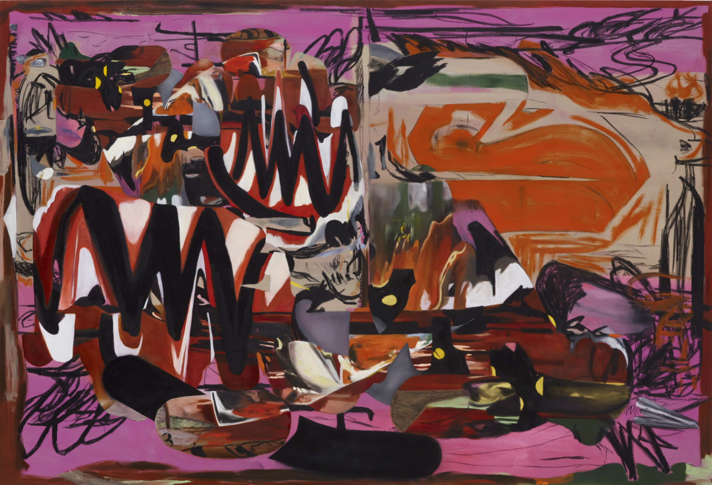 Messy Mouth, 2025, Oil, acrylic, oil stick, charcoal and spray paint on canvas, 162 x 240 cm