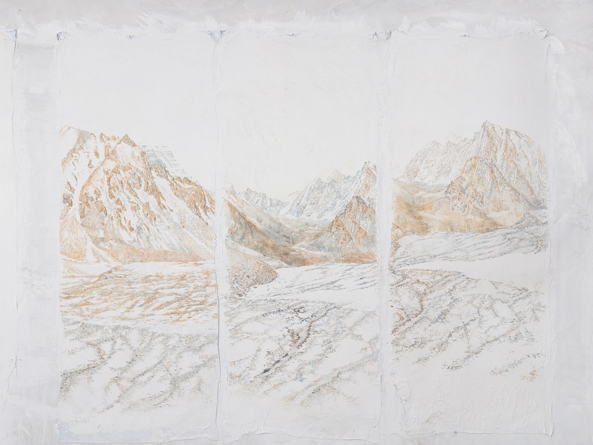 Eastern Valley Triptych, 2019 - Oil on fresco plaster - Three panels 150cm high, pictured on the fresco wall.