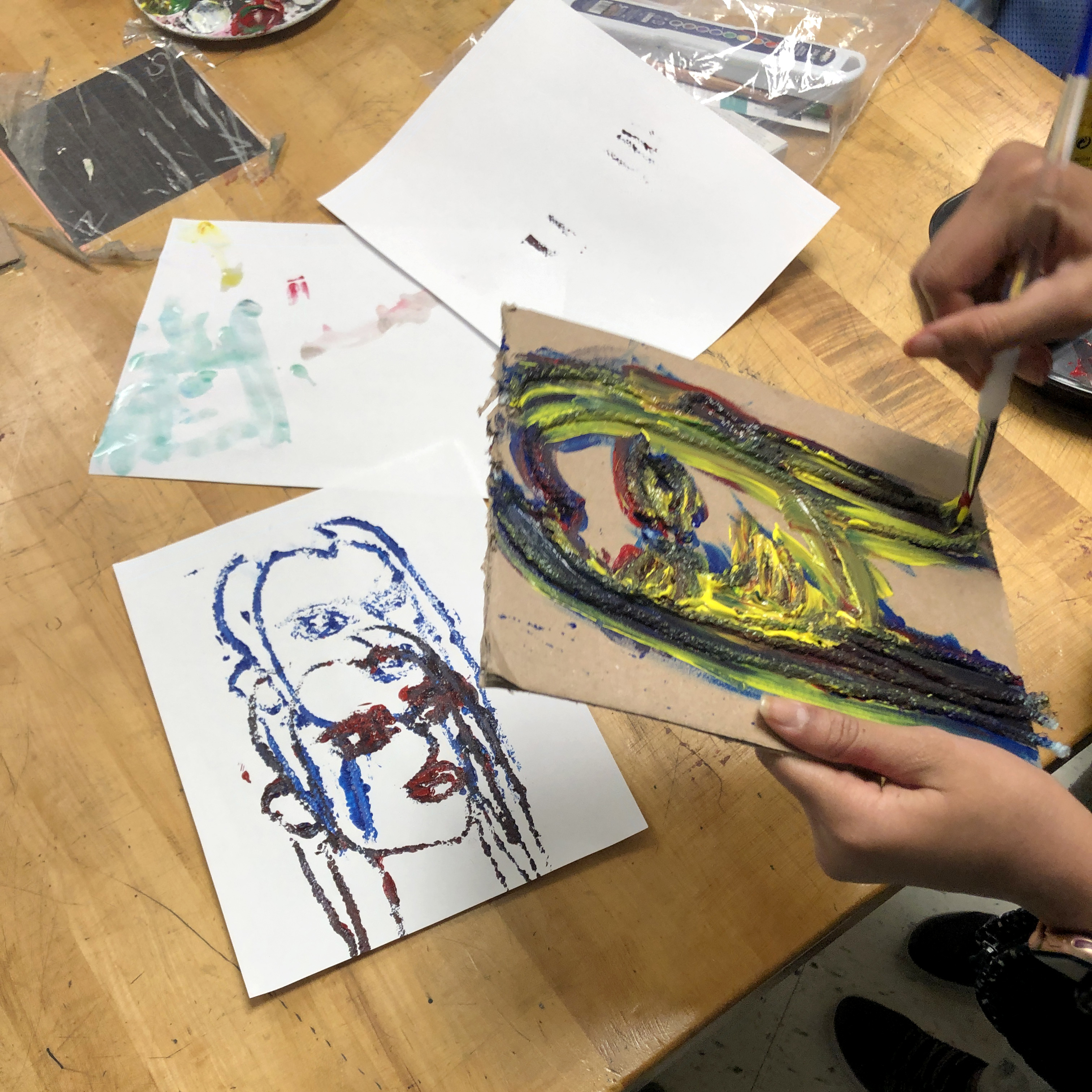 Collograph printmaking; collograph plate designs made with string and glue