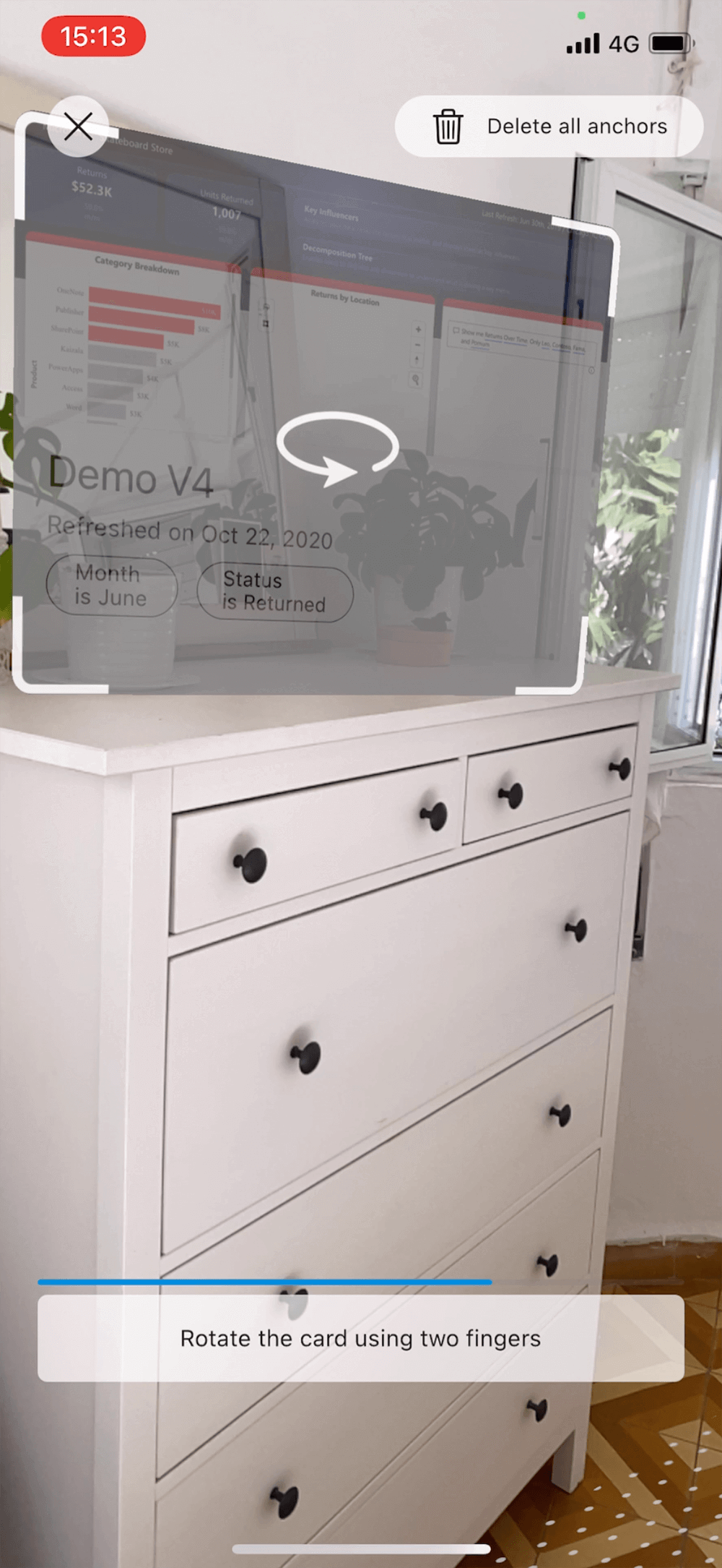 "Pinning" mode screenshot from a test of the POC build, portrait.