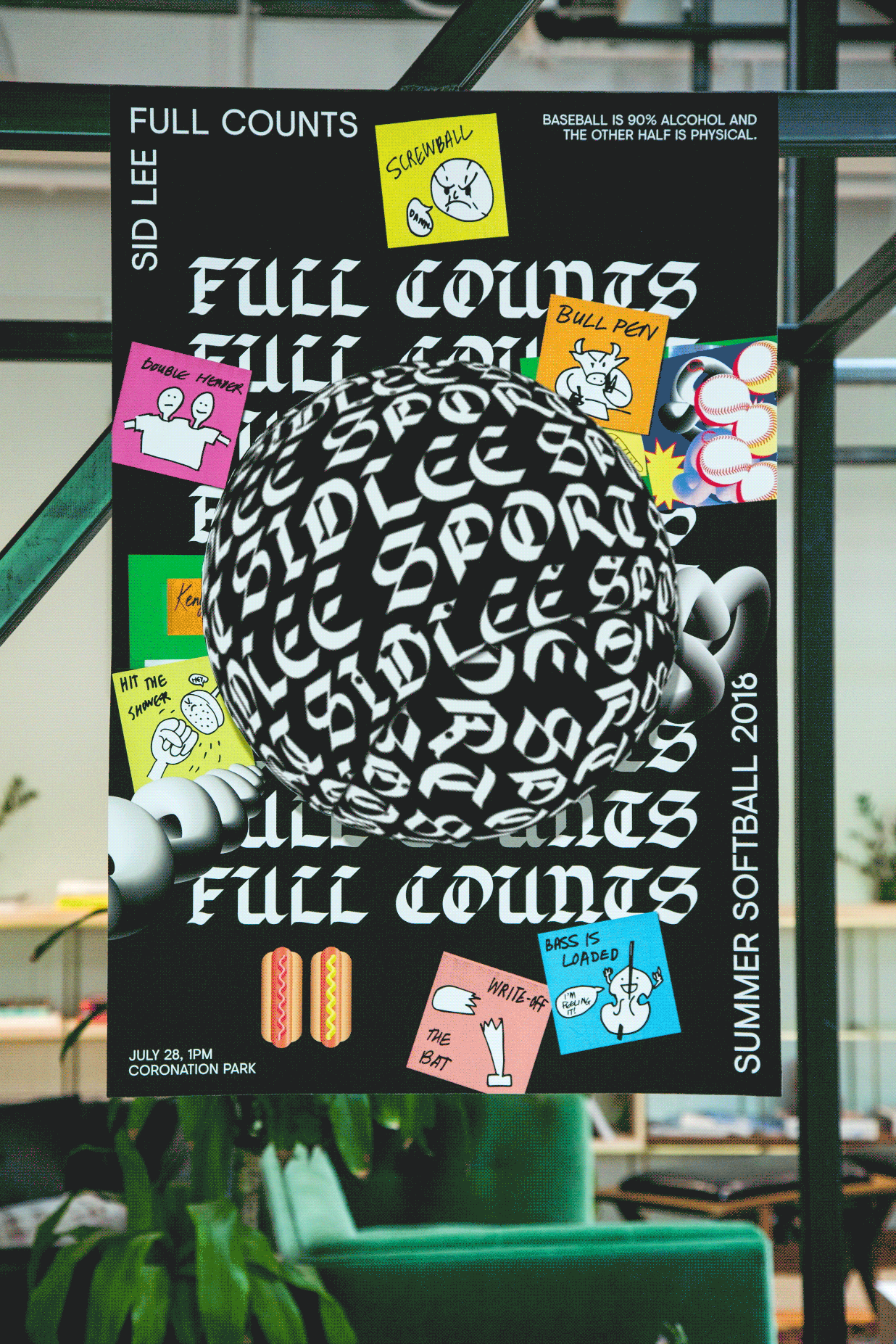 A GIF of an animated poster for the event. The post is full of baseball puns, including 'double header', 'bull pen', 'bass is loaded'. There is a moving baseball animation in the middle.