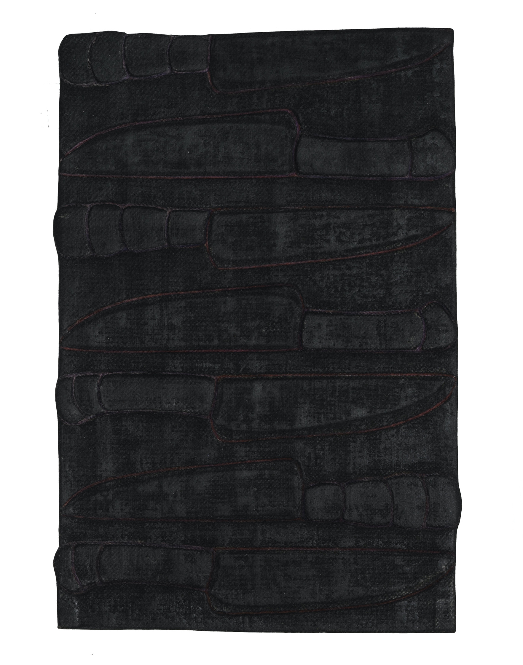  Seven Knives , 2021 . Color pencil, oil and wax on layered canvas and cloth . 30 x 21 cm