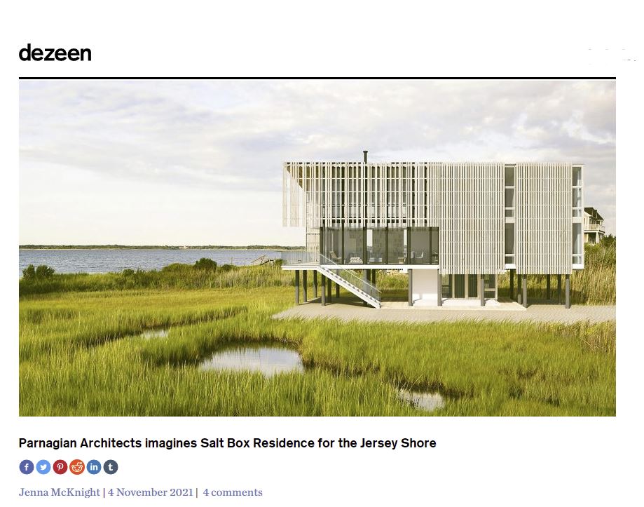 Screenshot of the DEZEEN article featuring the Salt Box Residence, showcasing the elevated white slatted home in the marshlands of the Jersey Shore.