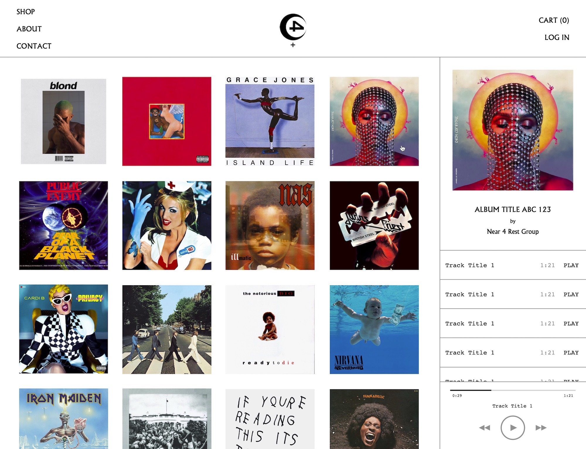 THE RHYTHM PAGE IS DIVIDED INTO A SCROLL-DOWN ALBUM COVER LIST ON THE LEFT, AND A MINI PLAYER ON THE RIGHT