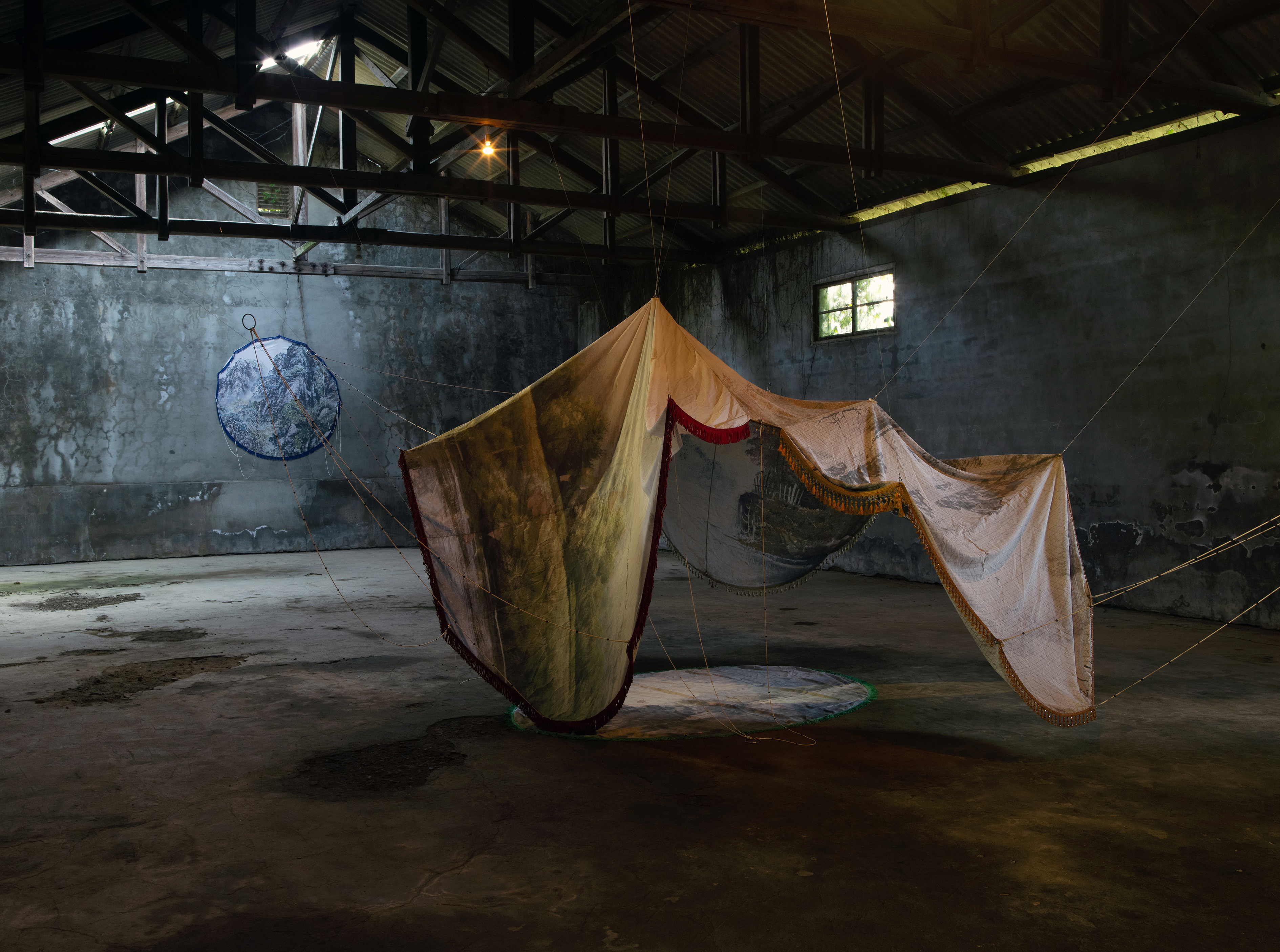 Drift_Atypical Form, 2022-23,  Pigment print on fabric, wooden bead, thread, metal ring, installation view_ Flow, Ten Excitement, Naju, Korea, 2023