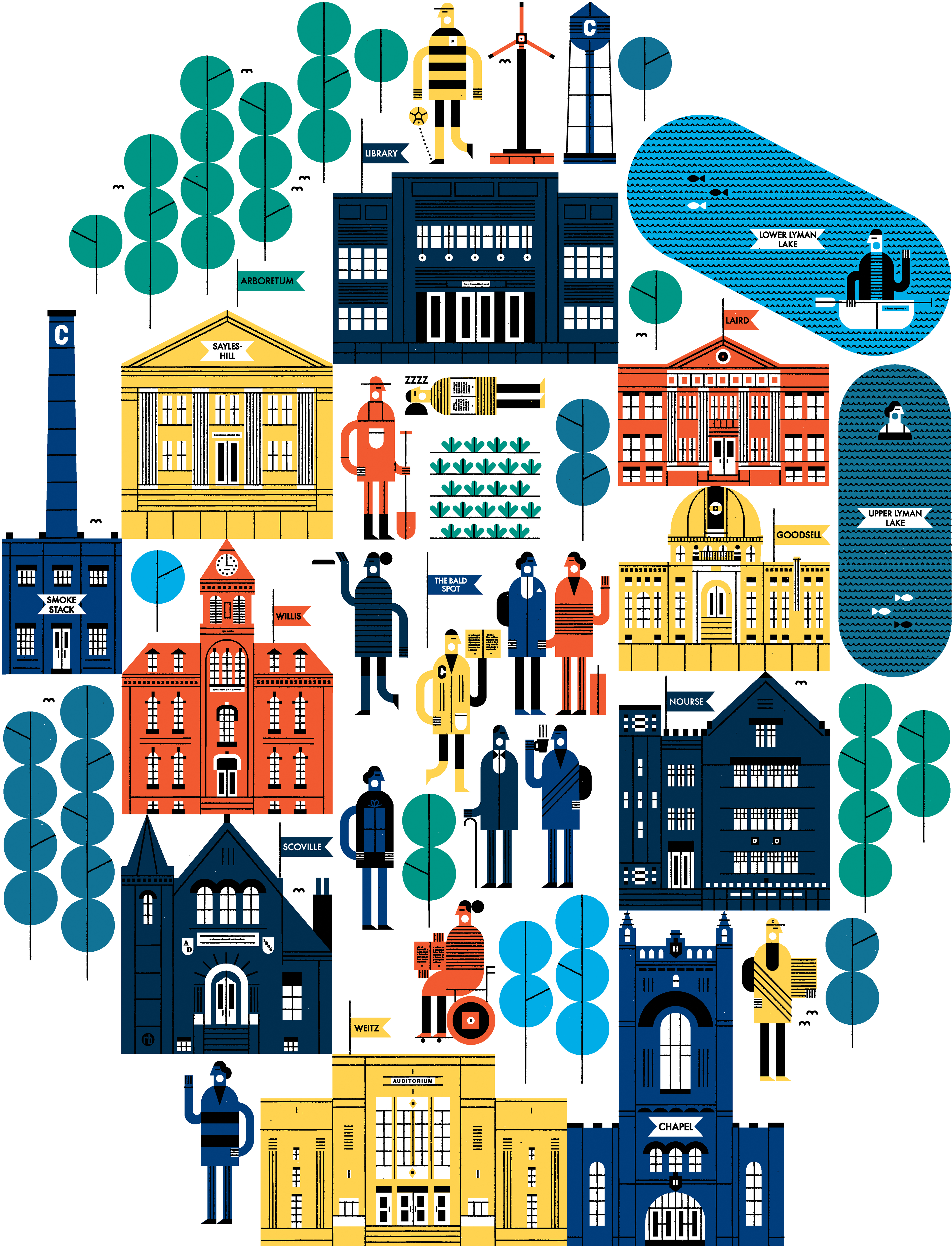 Colourful illustration of a college campus with multiple buildings, students and professors