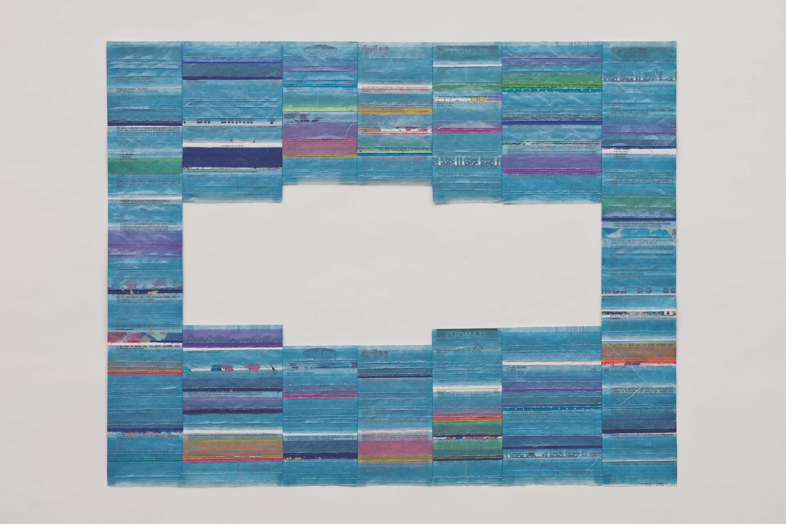  Blue Litany, 2013 . Medicine information leaflets, fragments of cloth, religious ribbons, double tape and transparent blue paper . 60 x 70 cm.